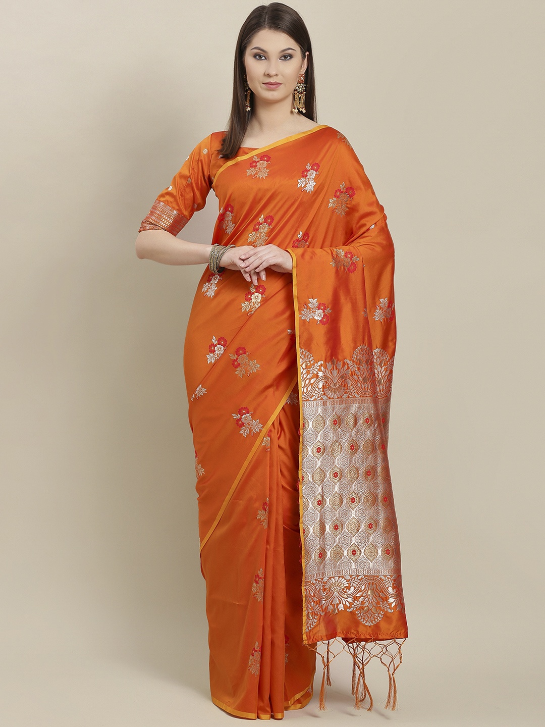

Saree mall Orange & Silver Woven Design Banarasi Saree
