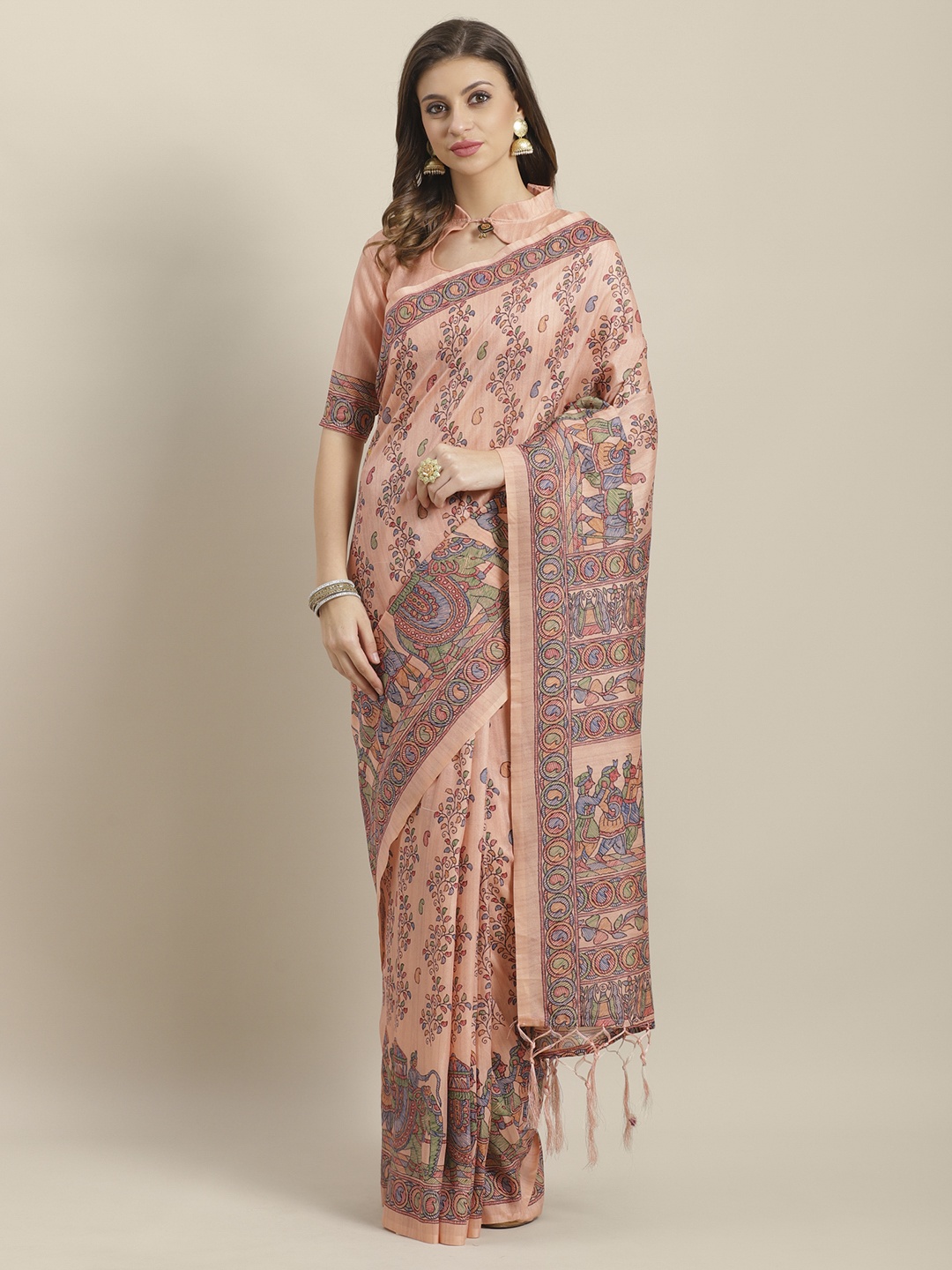 

Saree mall Peach-Coloured & Blue Printed Saree