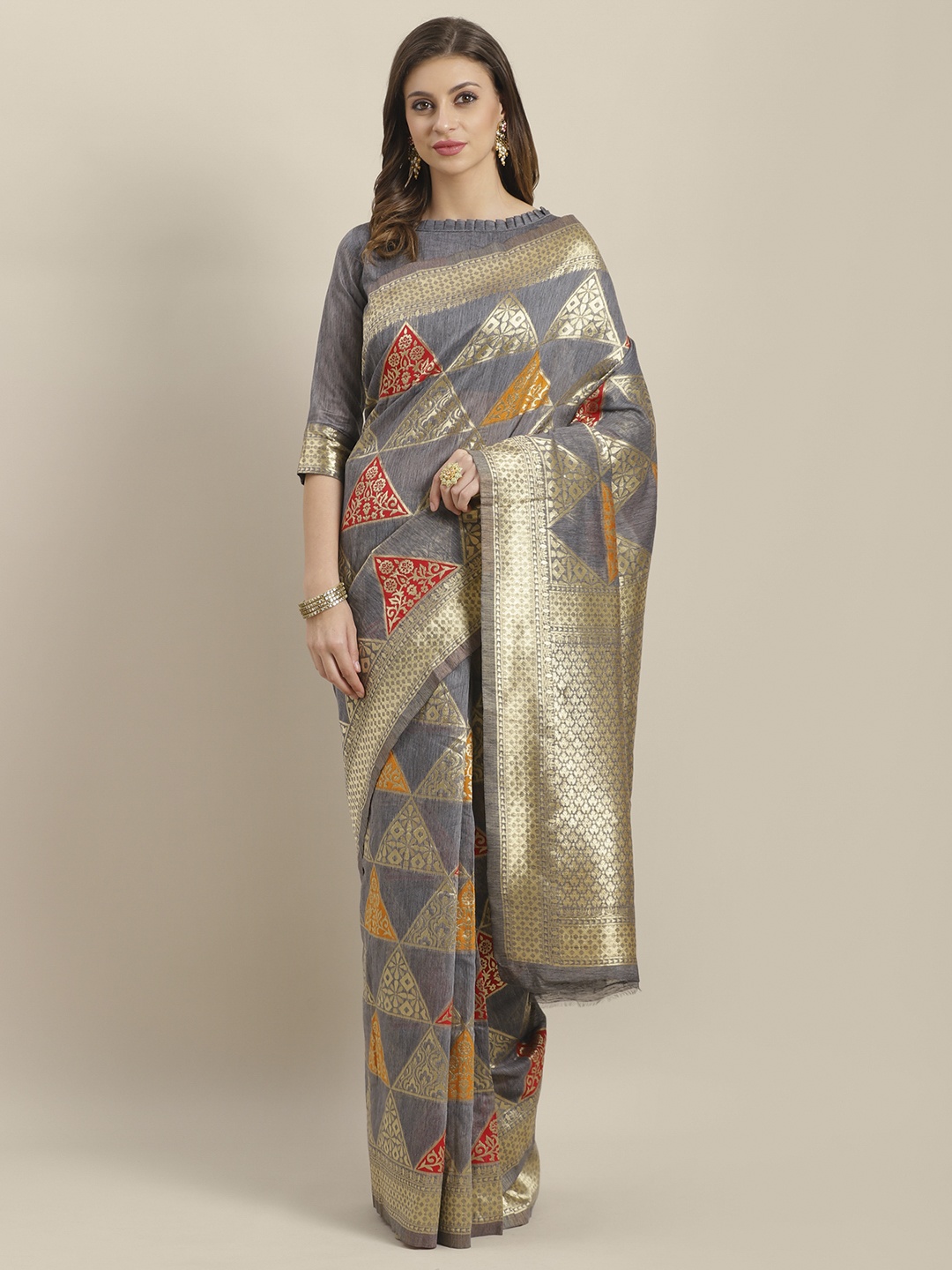 

Saree mall Grey & Golden Woven Design Saree