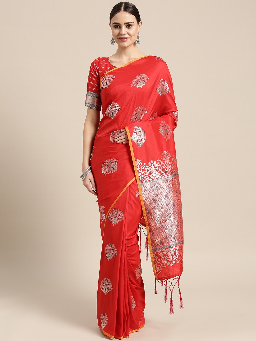 

Saree mall Red & Silver Woven Design Banarasi Saree