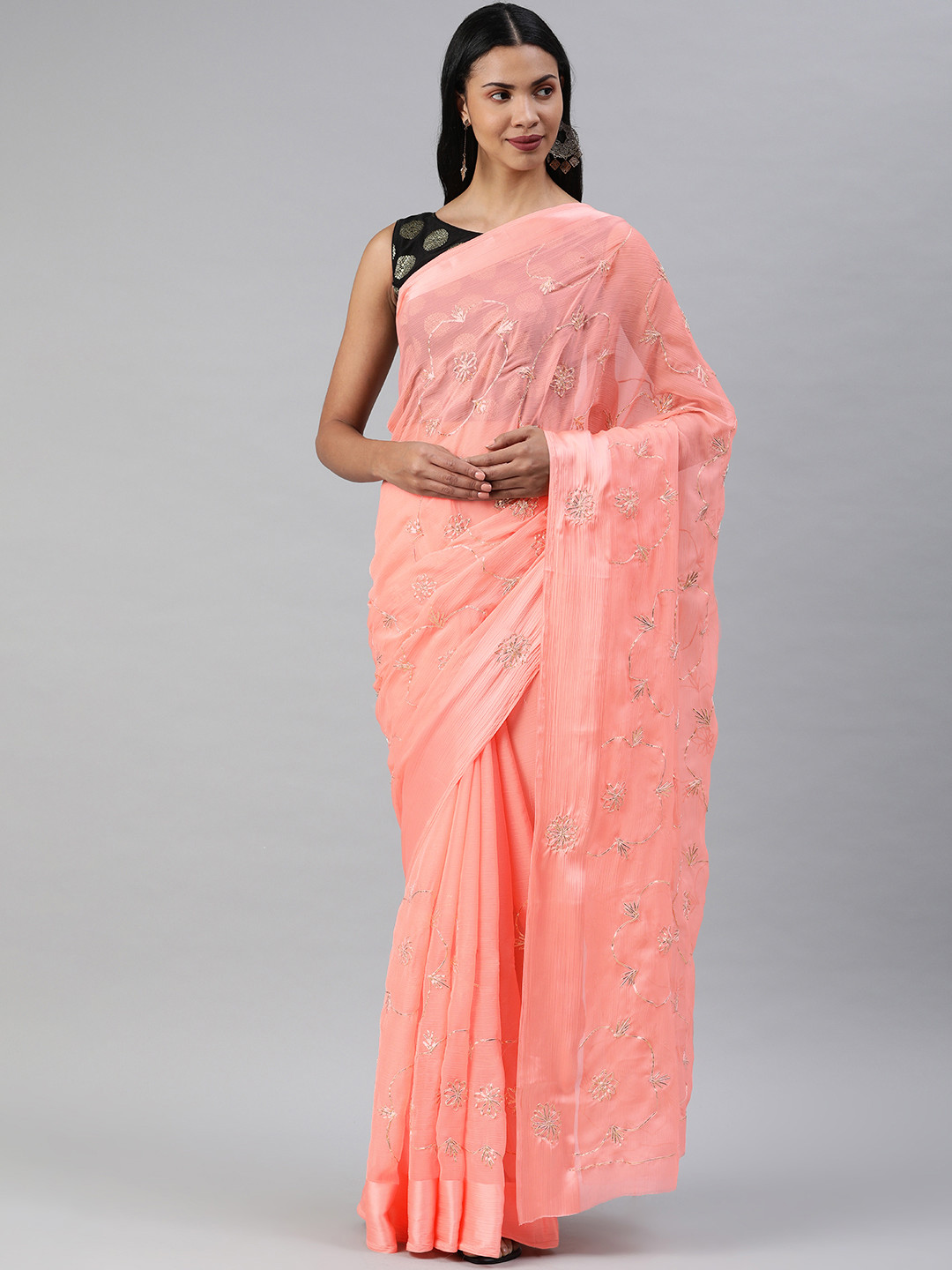 

Geroo Jaipur Hand Embellished Gota Patti Pink Chiffon Sustainable Saree