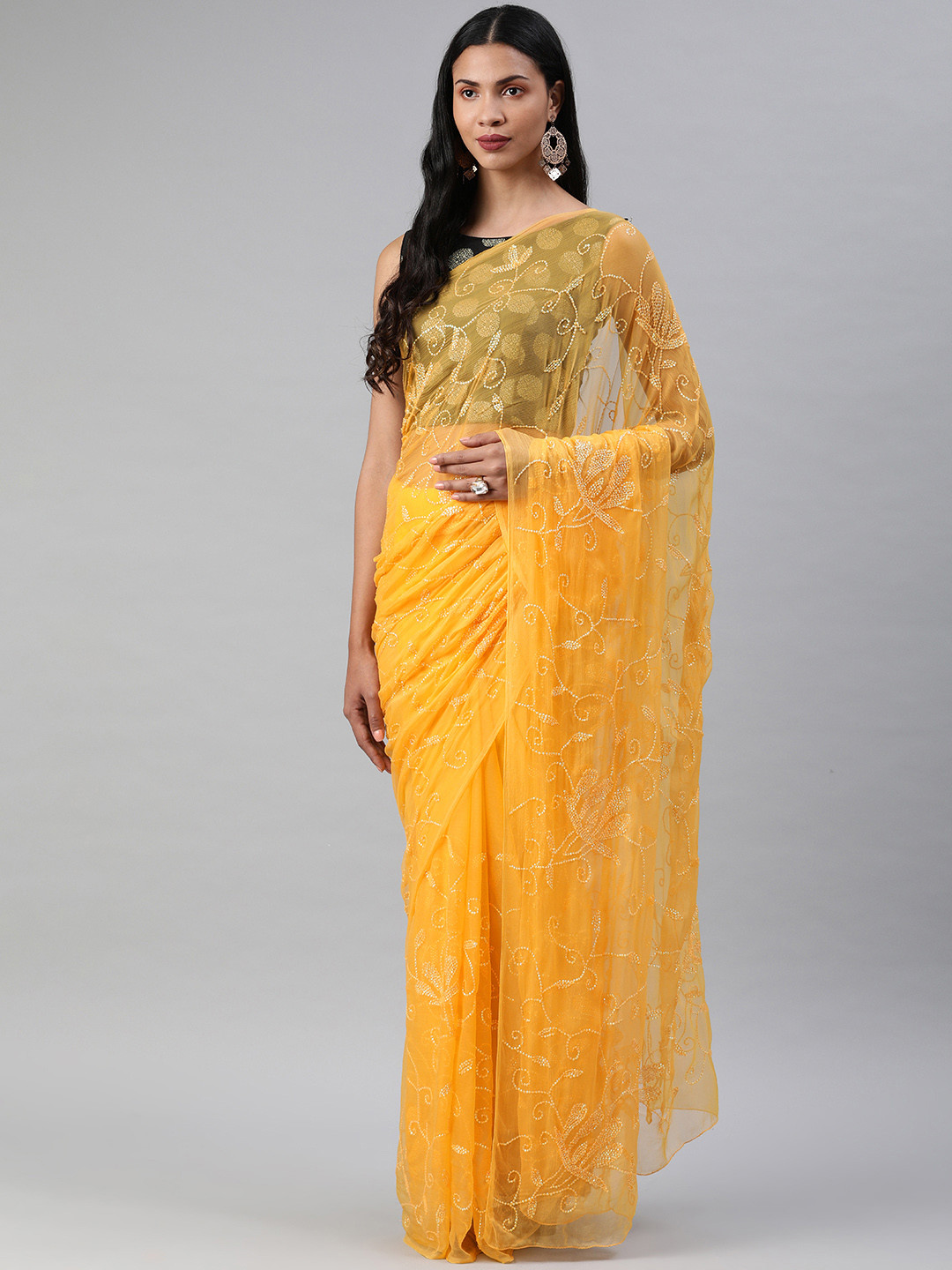 

Geroo Jaipur Hand Embroidered Yellow Sequins Jaal Pure Chiffon Sustainable Saree