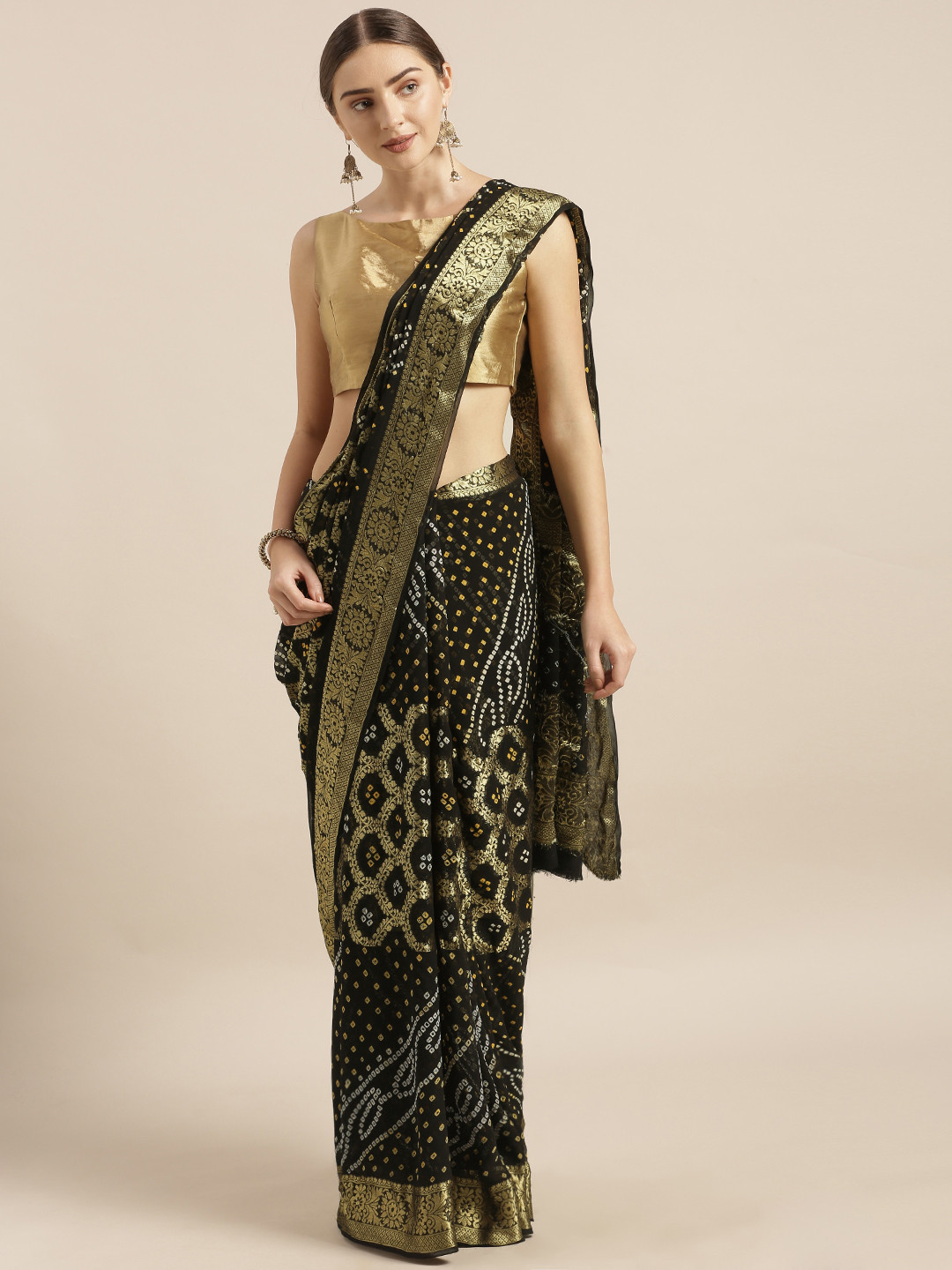 

Geroo Jaipur Hand Dyed Black Bandhani Georgette Gharchola Sustainable Saree