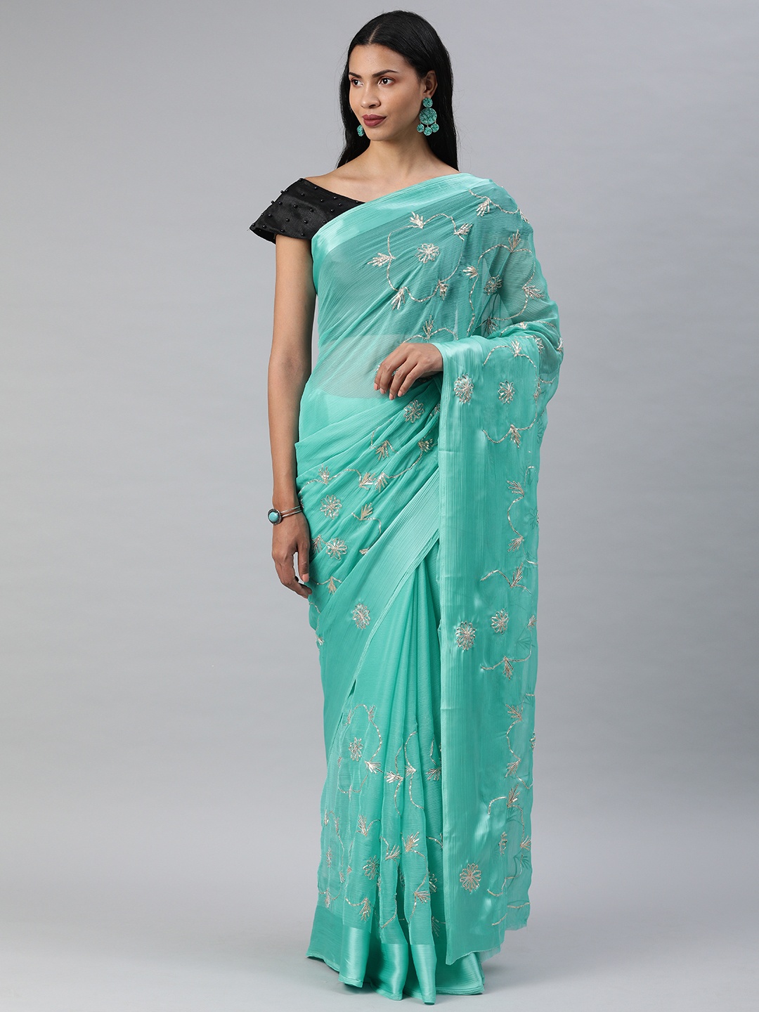 

Geroo Jaipur Hand Embellished Gota Patti Blue Chiffon Sustainable Saree