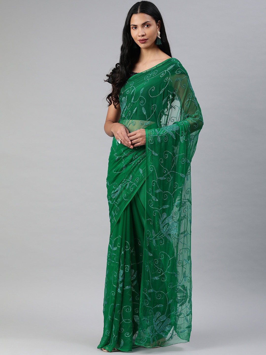 

Geroo Jaipur Hand Embroidered Green Sequins Jaal Pure Chiffon Sustainable Saree