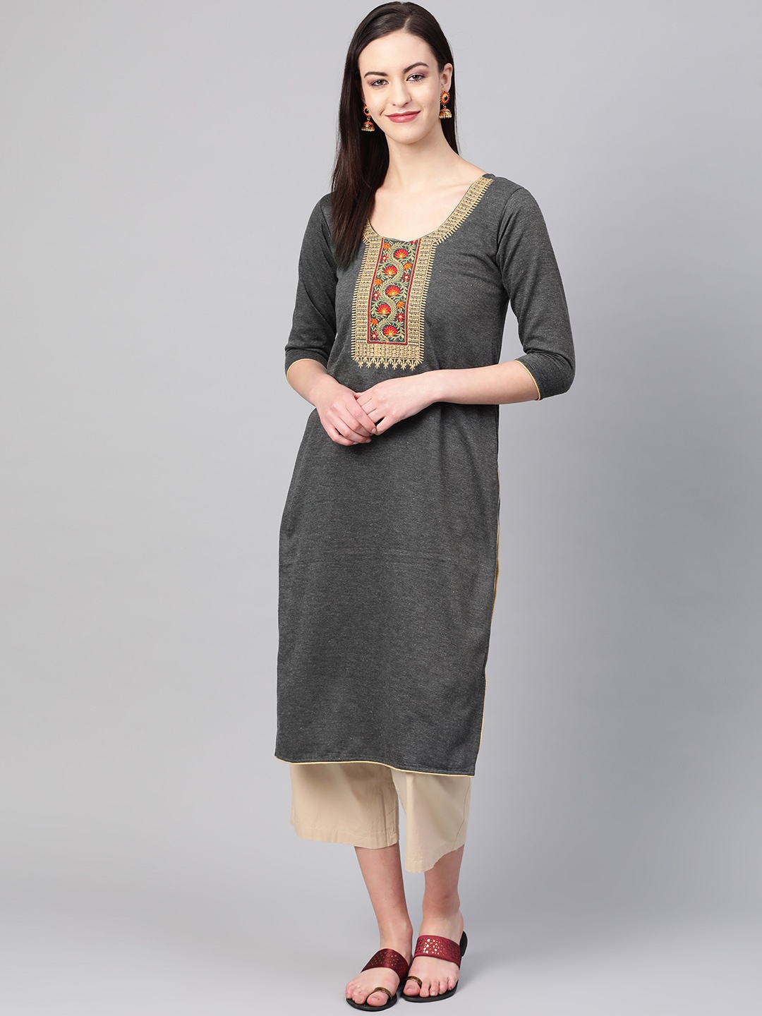 

Saadgi Women Charcoal Grey Yoke Design Straight Winter Kurta