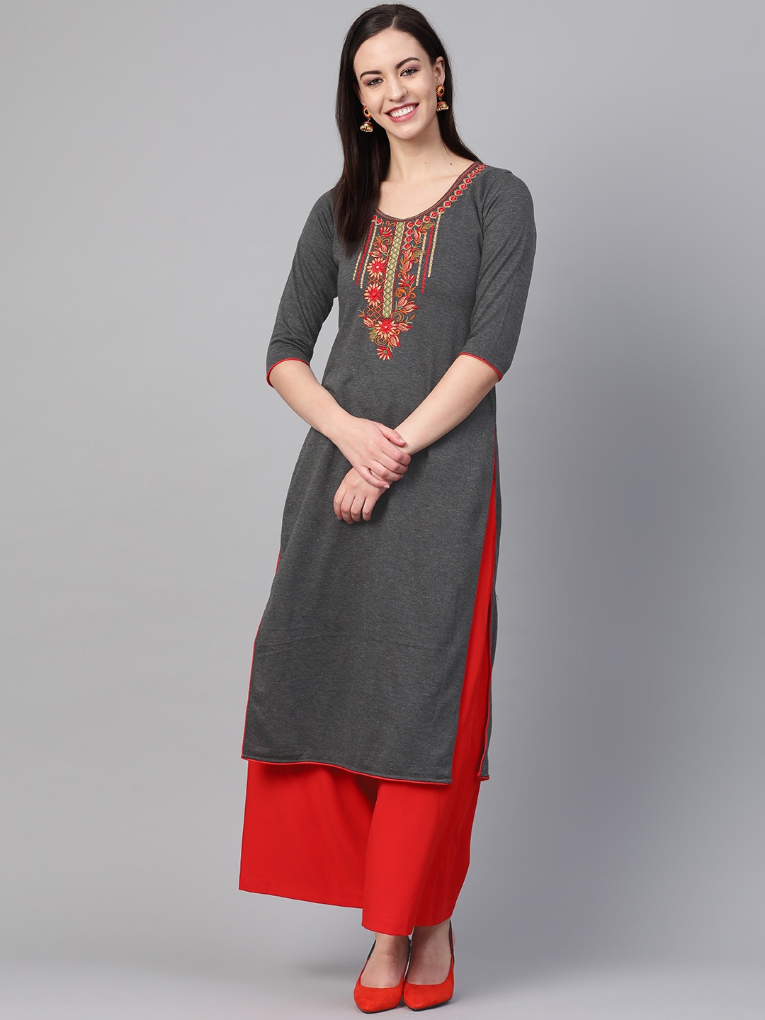 

Saadgi Women Charcoal Grey & Orange Yoke Design Straight Winter Kurta