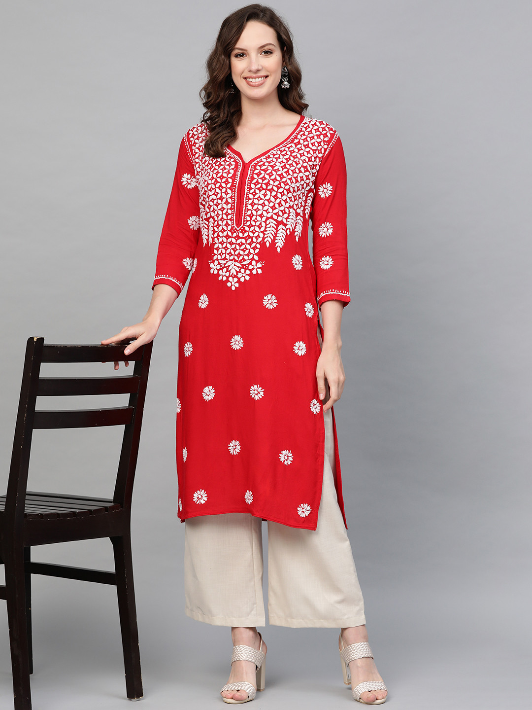 

Saadgi Women Red & White Chikankari Handwork Straight Kurta