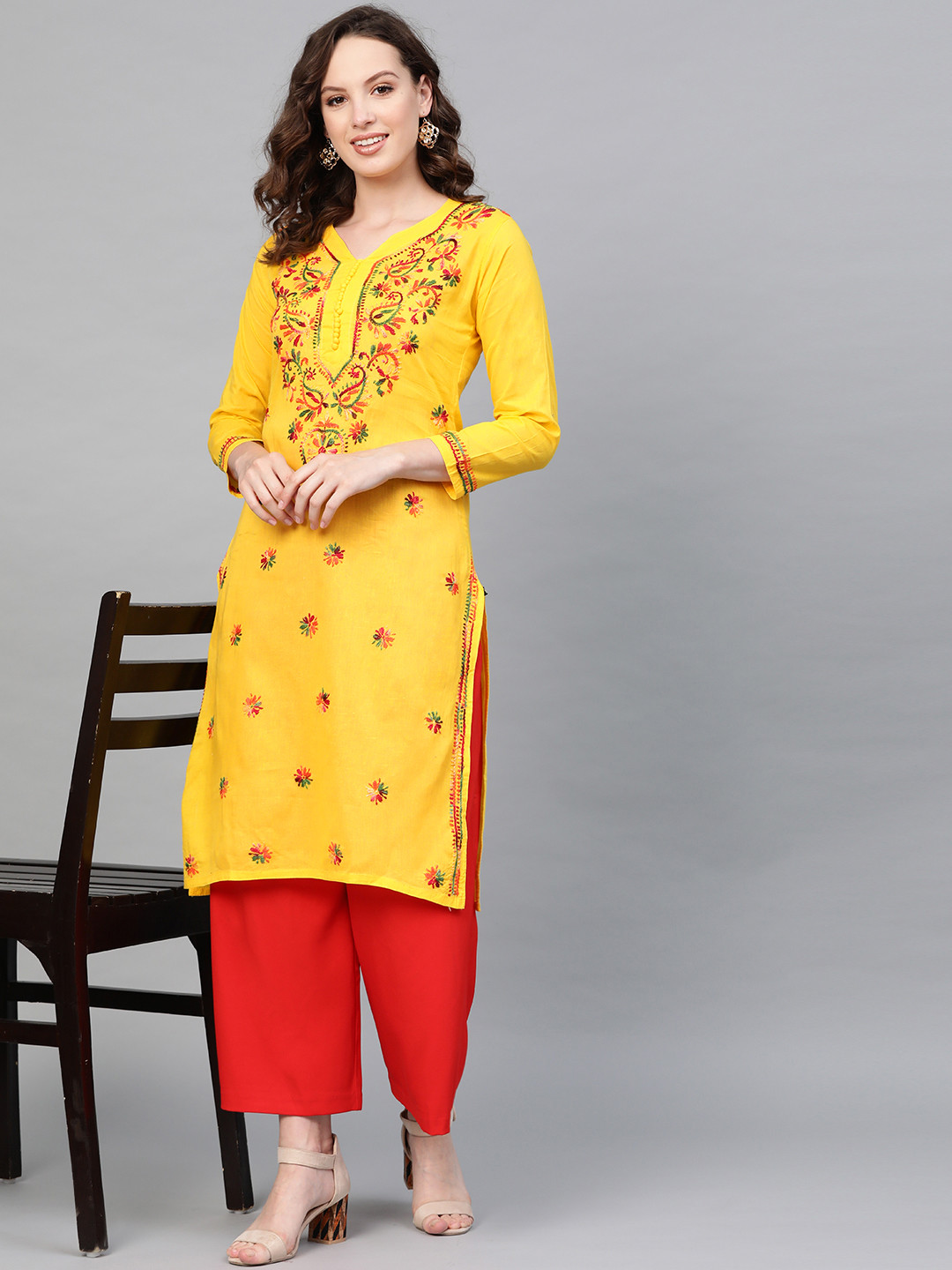 

Saadgi Women Yellow & Red Handloom Chikankari Embroidered Straight Kurta