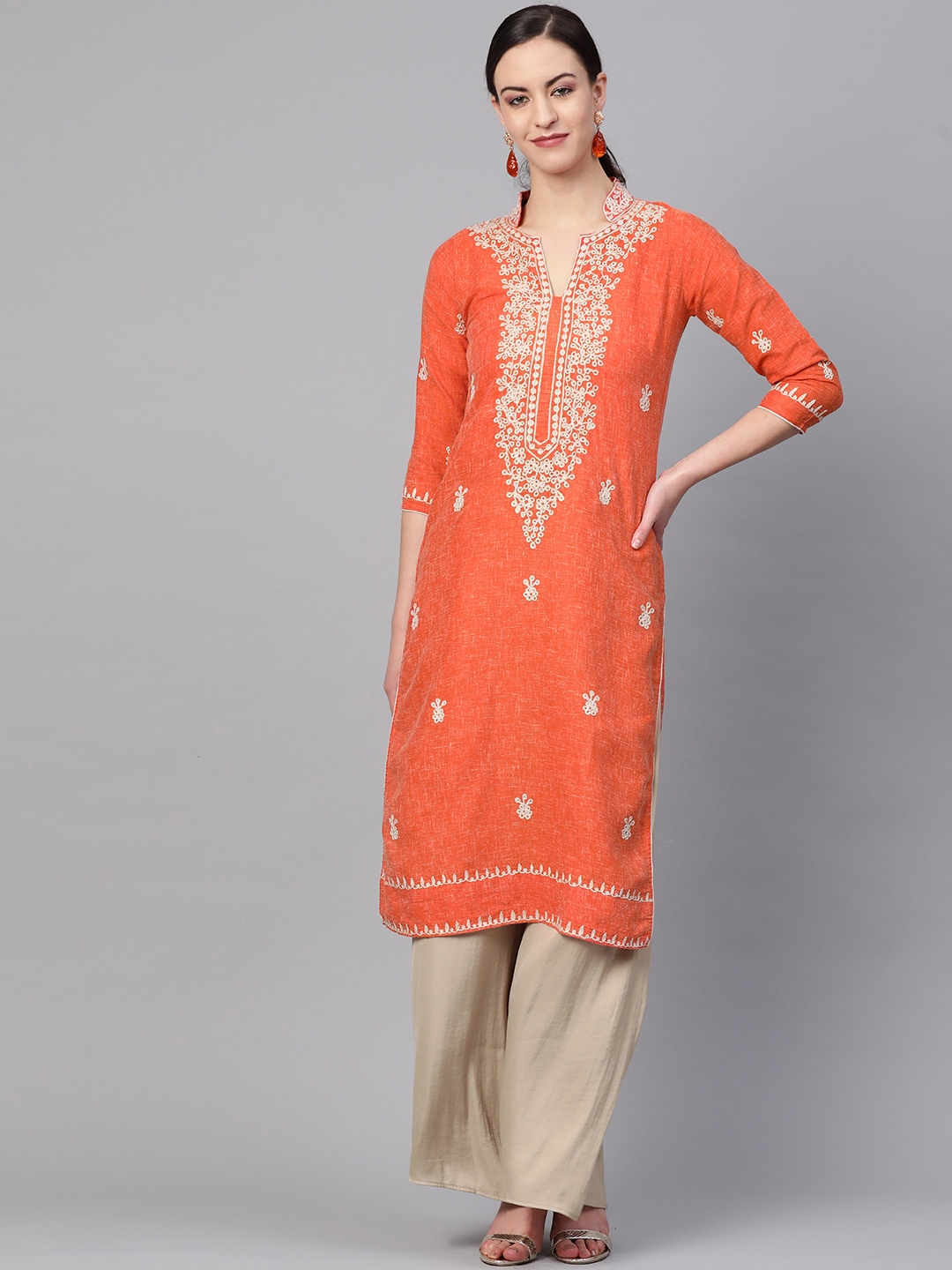

Saadgi Women Orange & Golden Aari Embroidered Handloom Straight Kurta