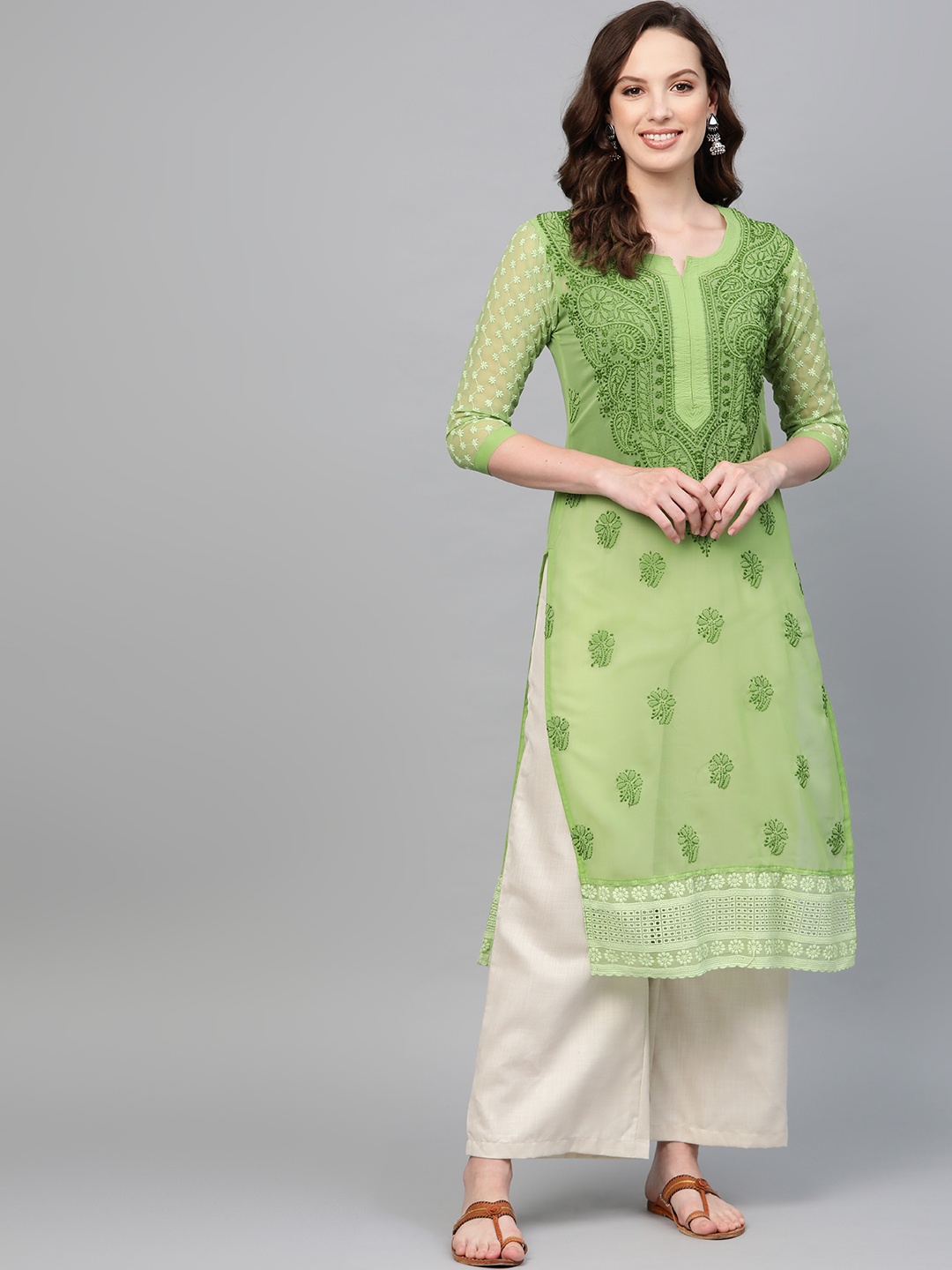 

Saadgi Women Green Chikankari Embroidered Handloom Sheer Straight Kurta