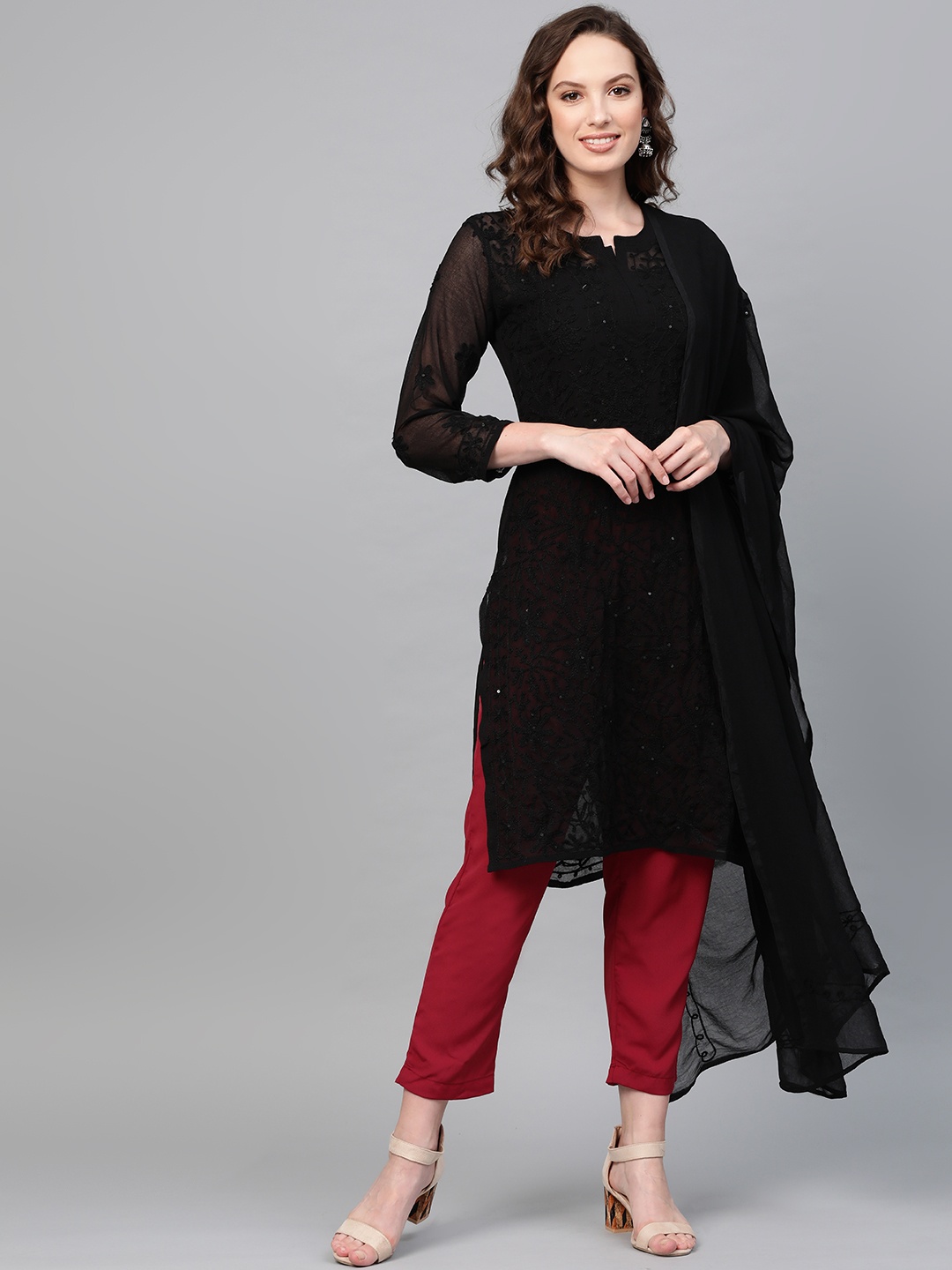 

Saadgi Women Black Handloom Semi Sheer Aari Embroidered Straight Kurta with Dupatta