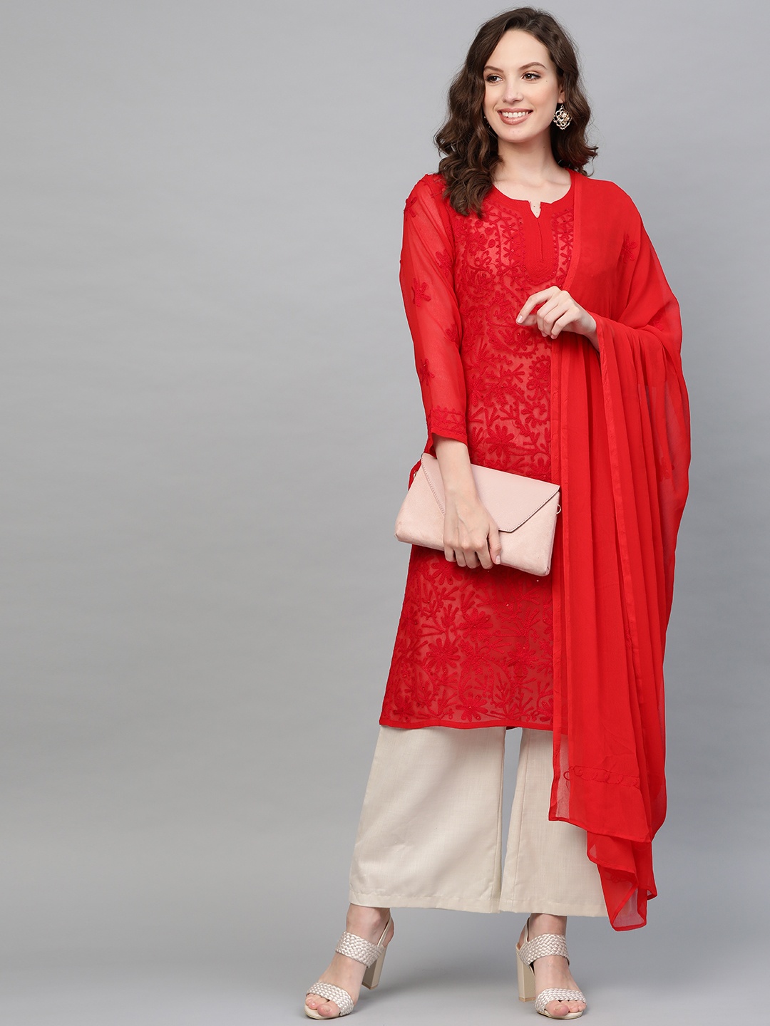 

Saadgi Women Red Aari Embroidered Handloom Sheer Straight Kurta with Dupatta