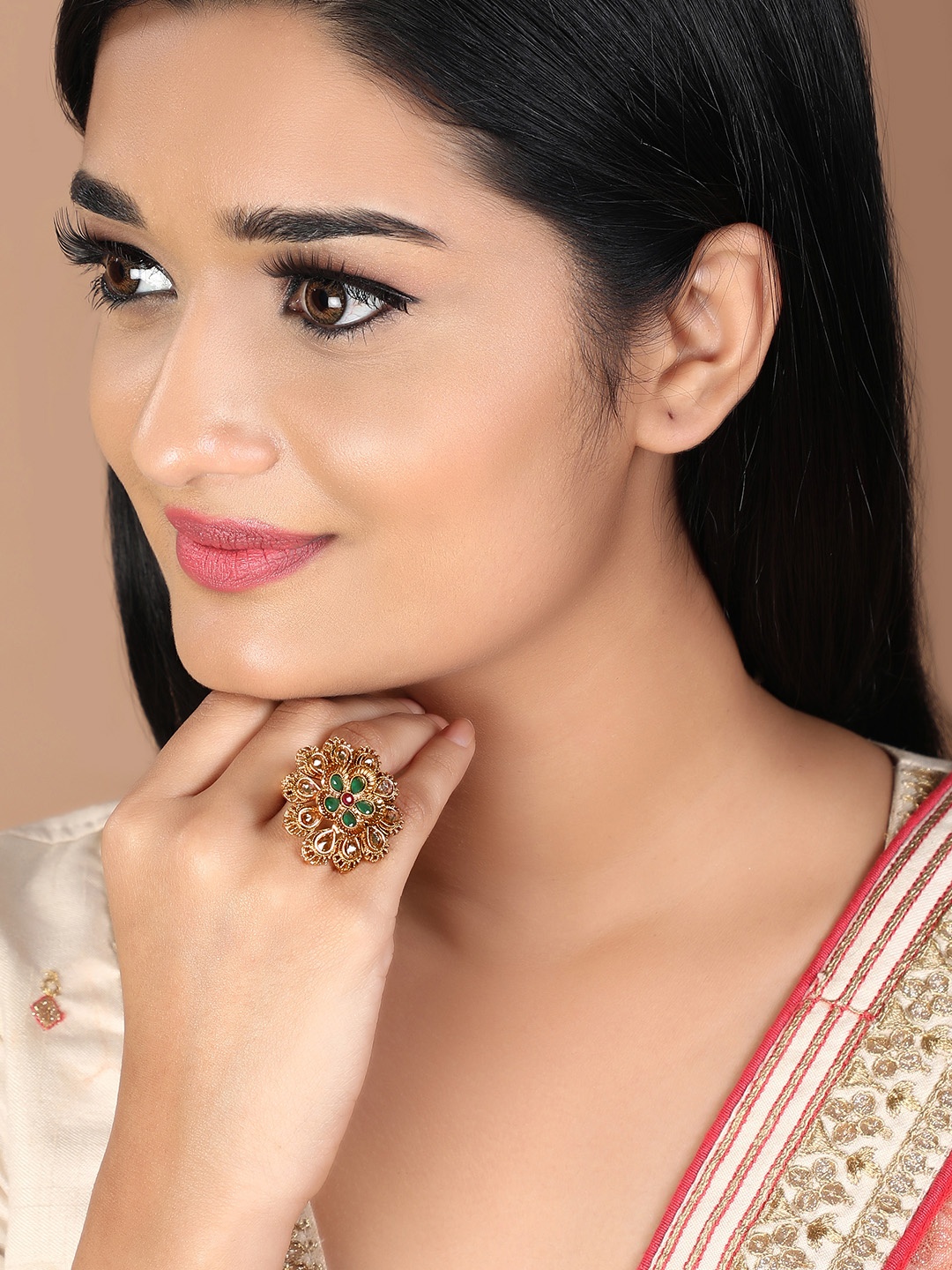 

Rubans Women White & Green Kundan Gold-Plated Adjustable Finger Ring