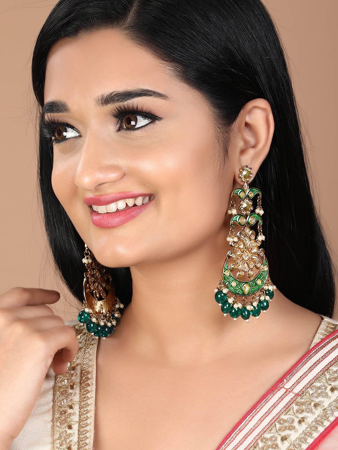

Rubans Green & Gold-Plated Enamelled Kundan Chandbali Earrings
