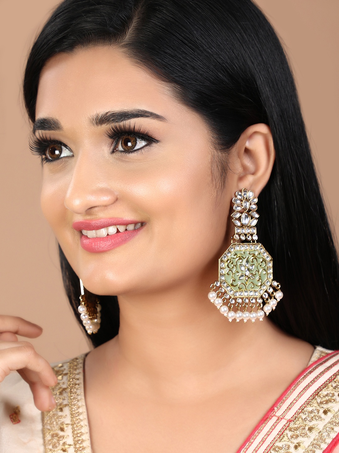 

Rubans Gold-Plated & Green Classic Kundan Studded Drop Earrings
