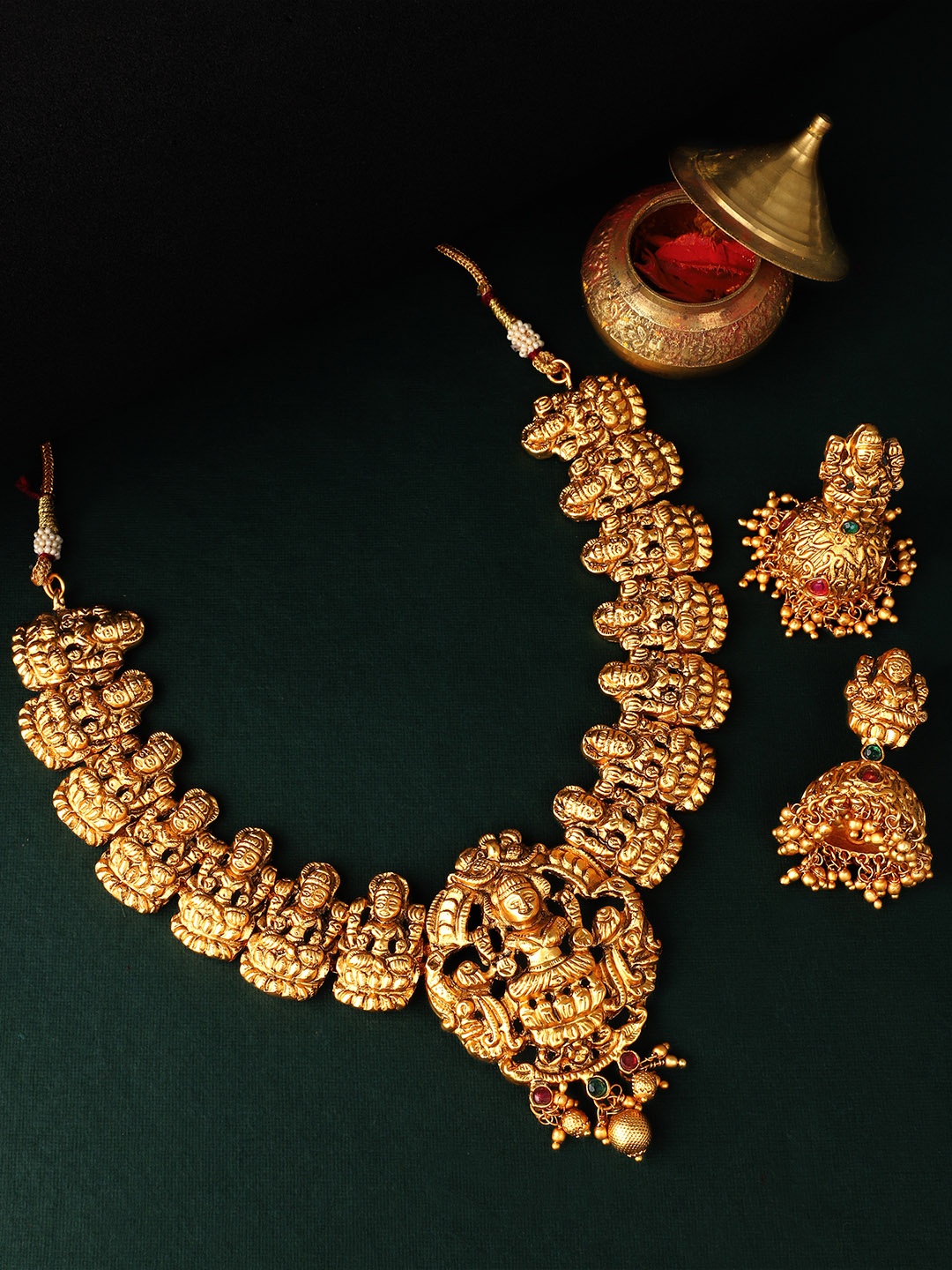 

Rubans Women Gold Plated Red & Green Stone Studded Temple Jewellery Set