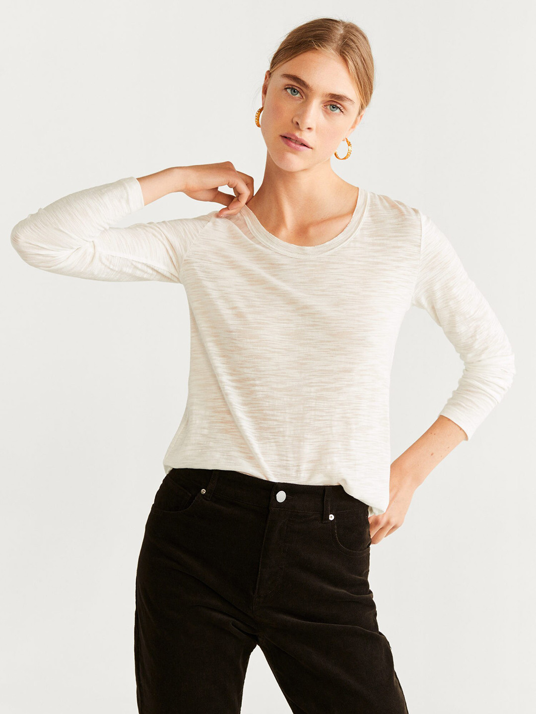 

MANGO Women Off-White Self Design Round Neck T-shirt