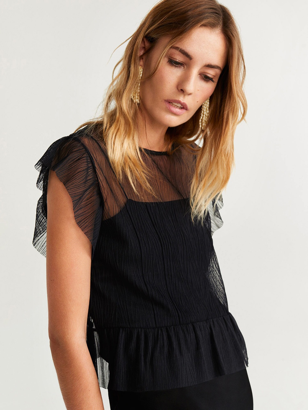 

MANGO Women Black Solid Sheer Regular Top