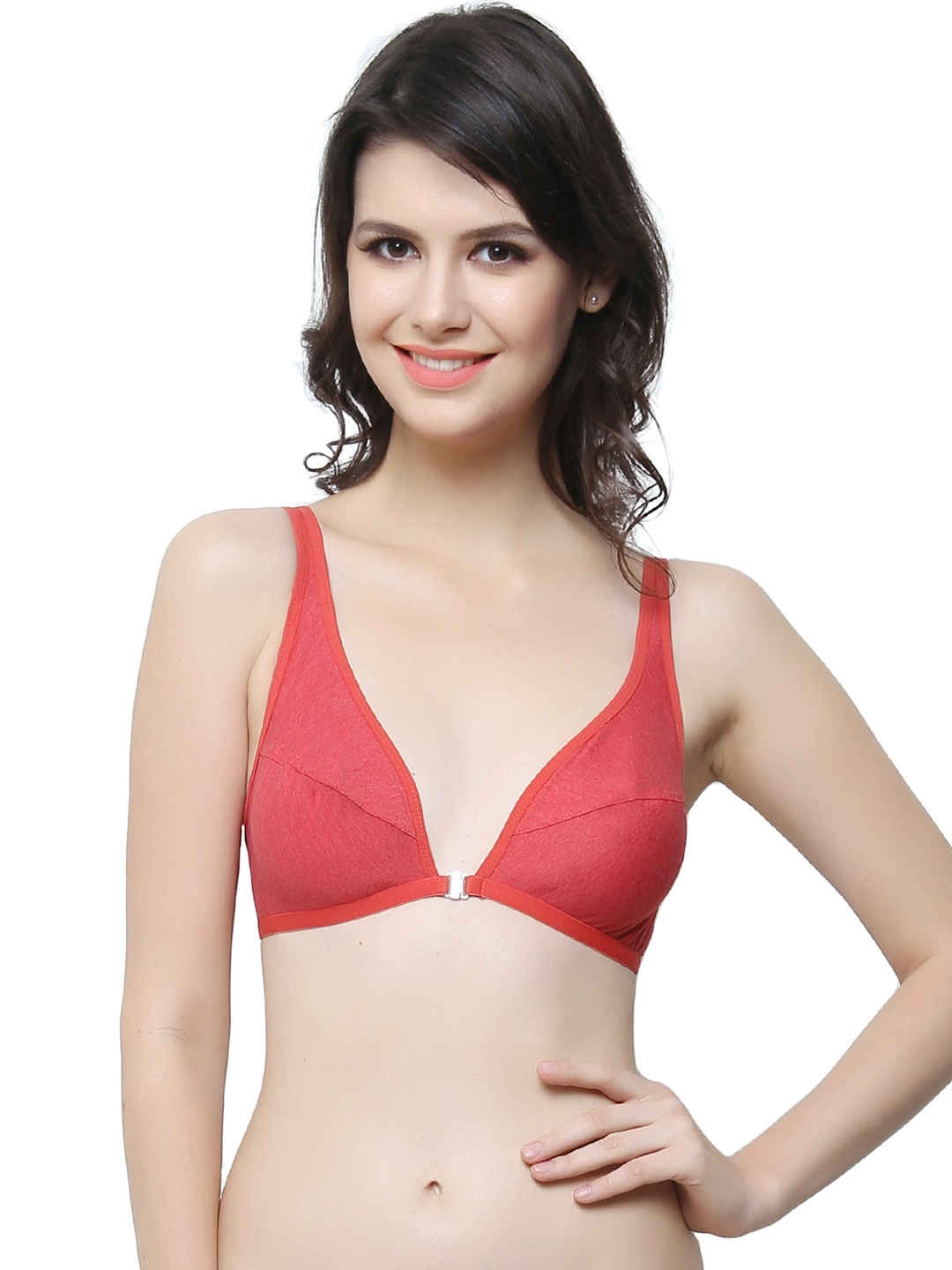 

Clovia Plunge Neck Front Open Bra In Cotton Blend, Red