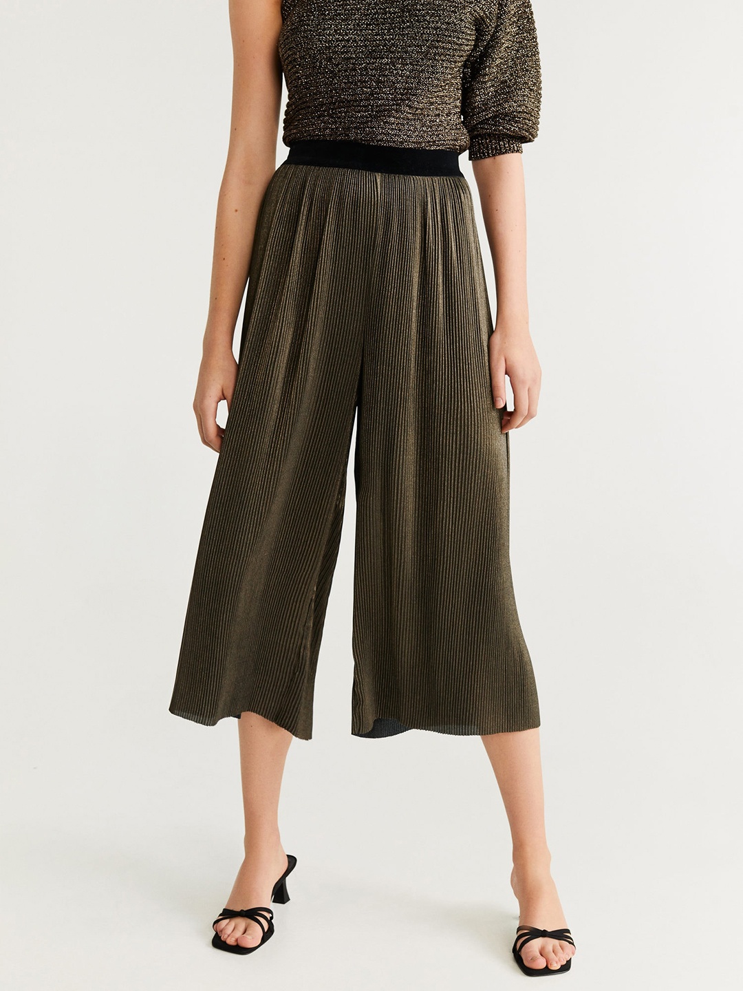 

MANGO Women Golden Accordian Pleated Solid Culottes, Gold