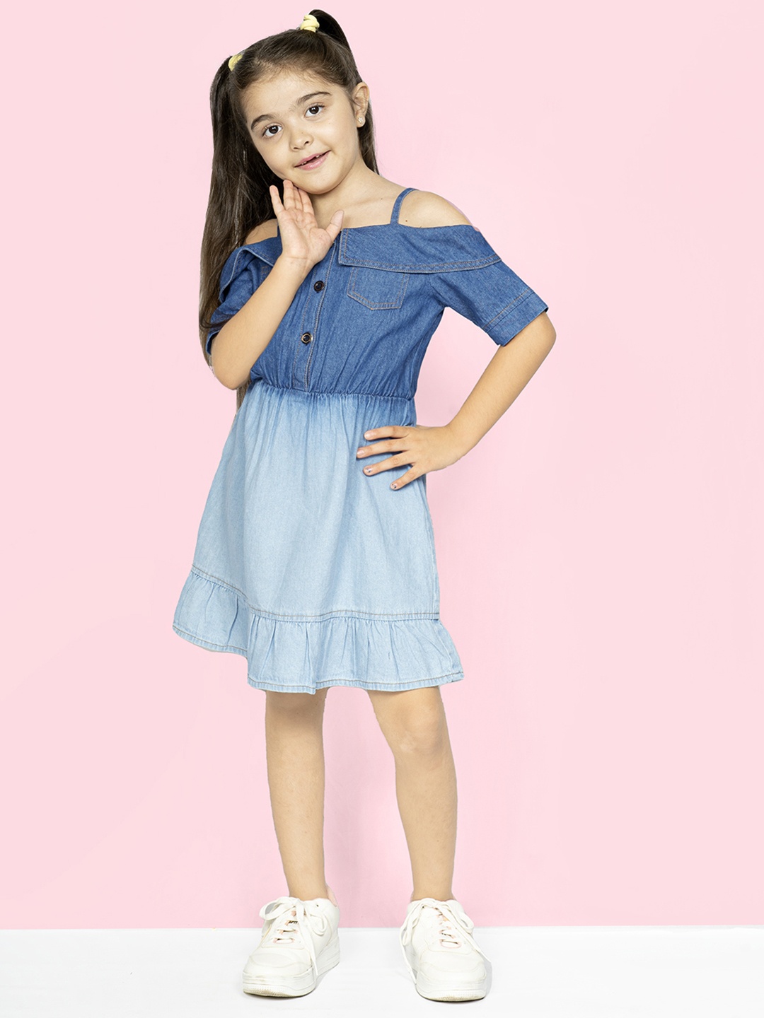 

Naughty Ninos Girls Blue Denim Colourblocked Fit and Flare Dress