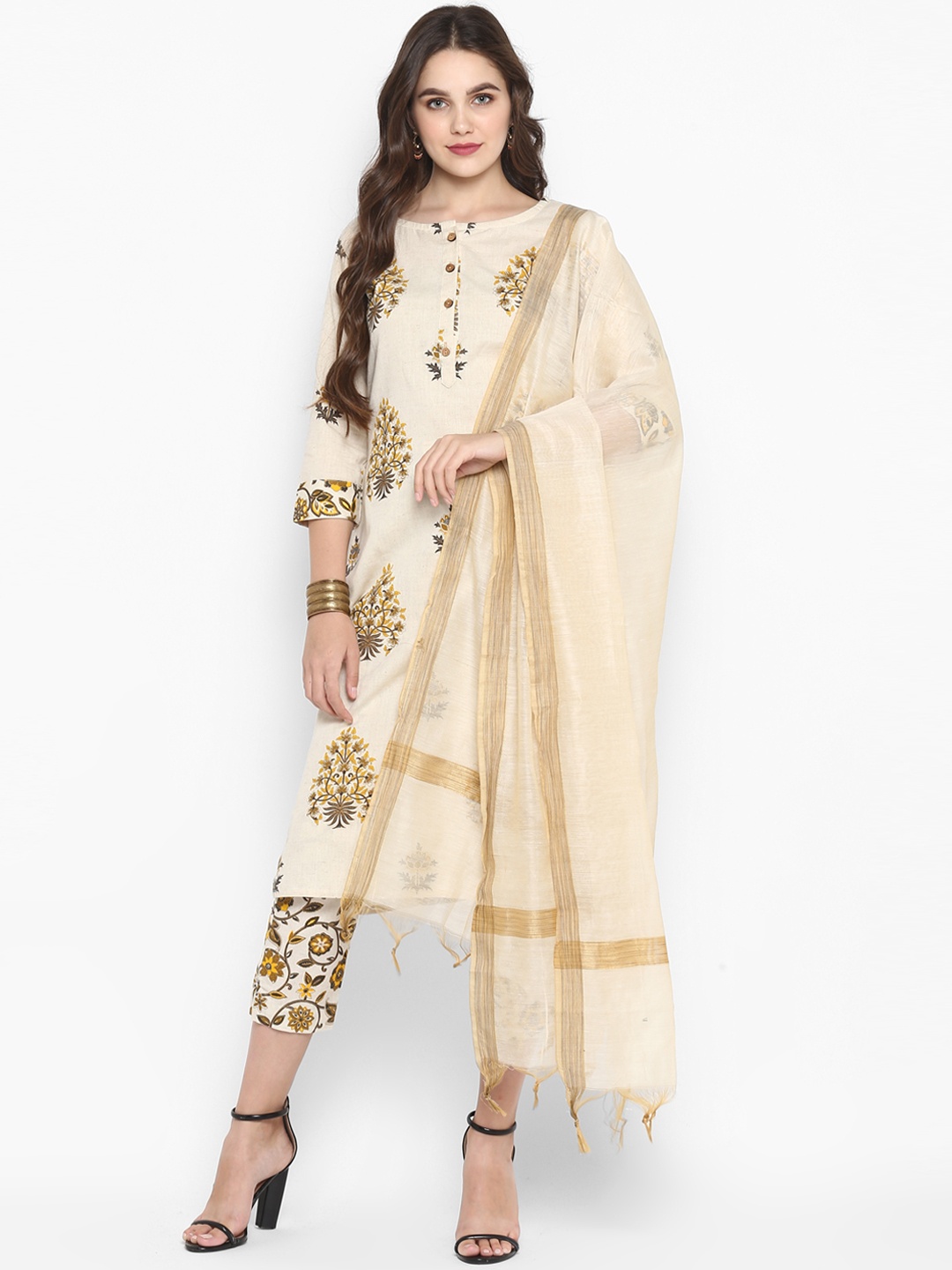 

Janasya Women Cream-Coloured & Gold-Coloured Printed Kurta with Trousers & Dupatta