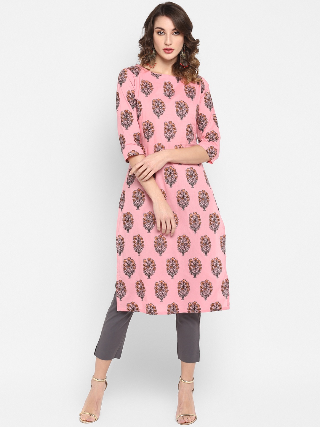 

Janasya Women Pink & almond blossom Ethnic Motifs Printed Keyhole Neck Kurta
