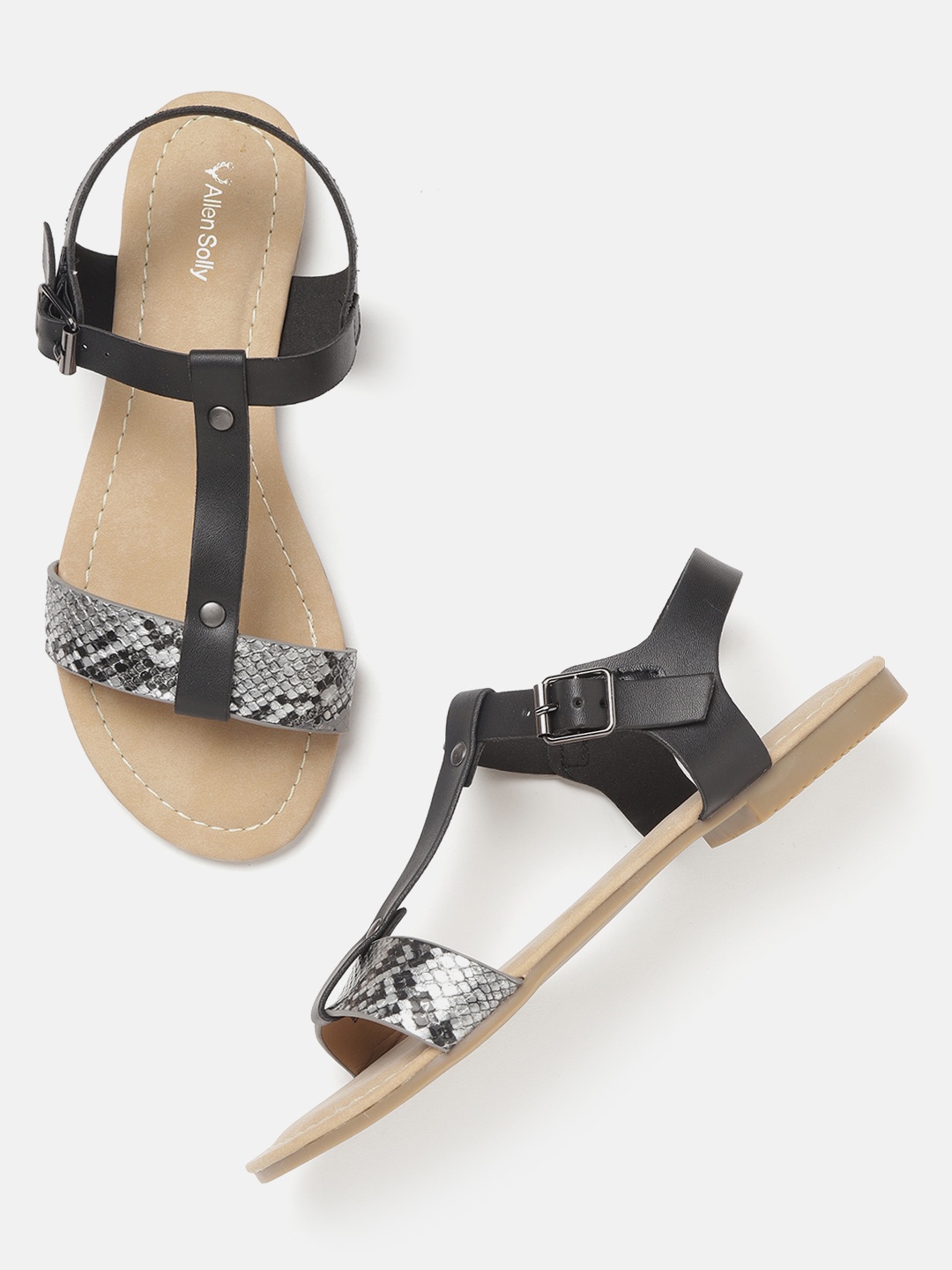

Allen Solly Women Black & Silver-Toned Snakeskin Textured Open Toe Flats