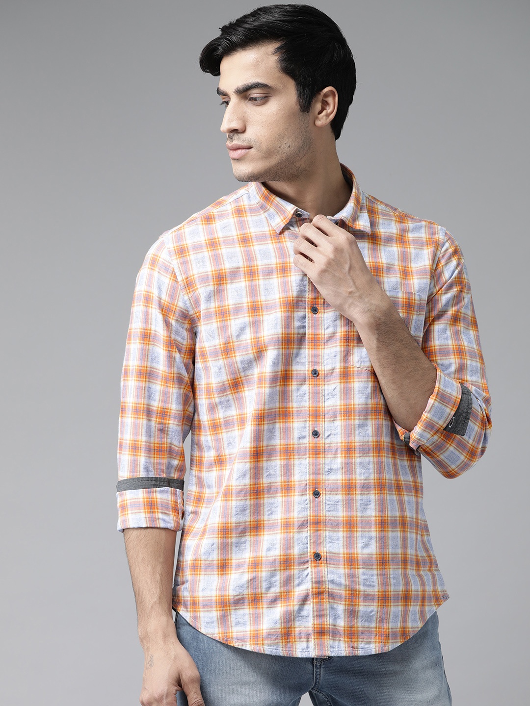 

Blackberrys Men Orange & Blue Slim Fit Checked Casual Shirt
