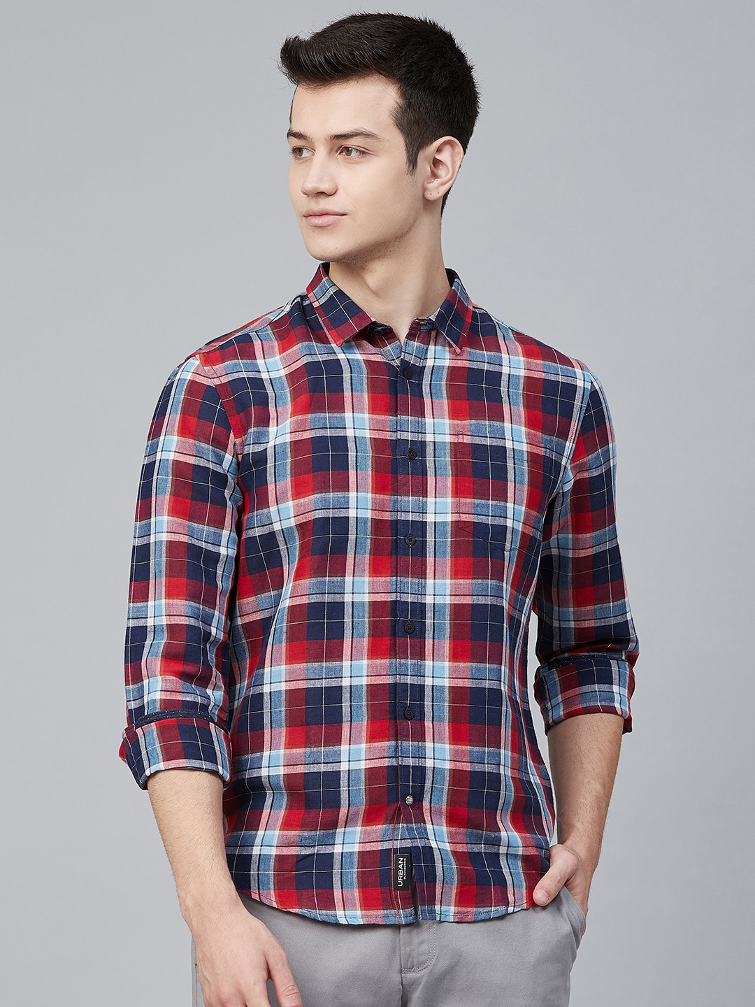 

Blackberrys Men Navy Blue & Red Slim Fit Checked Casual Shirt