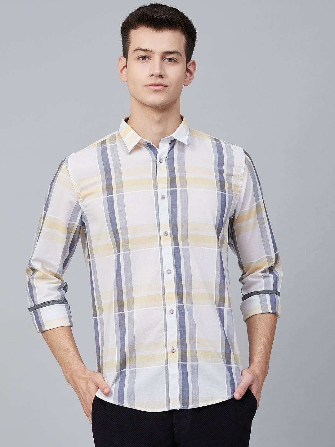 

Blackberrys Men White & Yellow Slim Fit Checked Casual Shirt