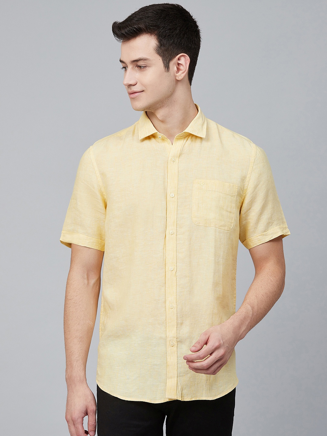 

Blackberrys Men Yellow Trim Slim Fit Solid Flax Linen Casual Shirt