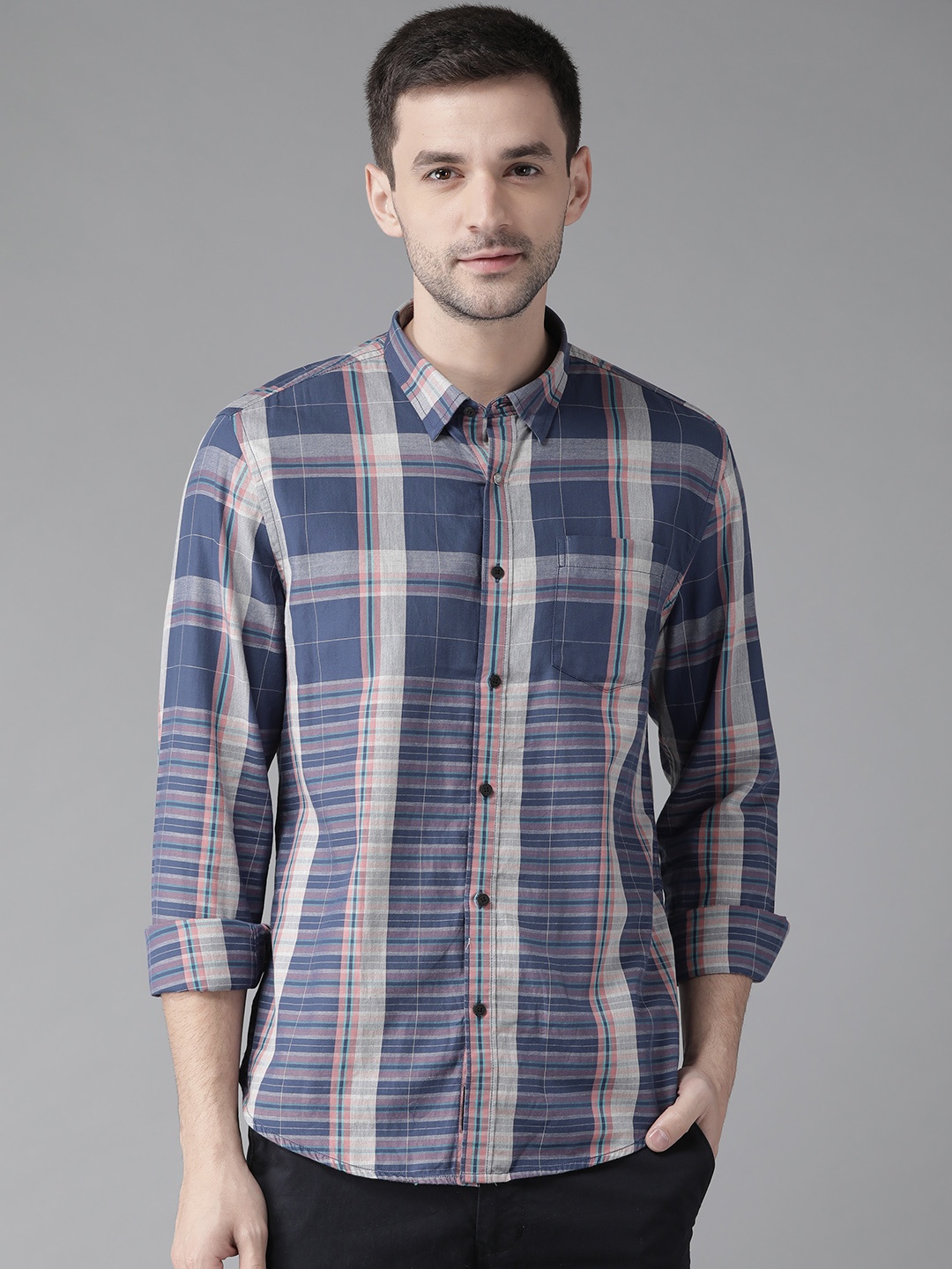 

Blackberrys Men Navy Blue & Grey Slim Fit Checked Casual Shirt