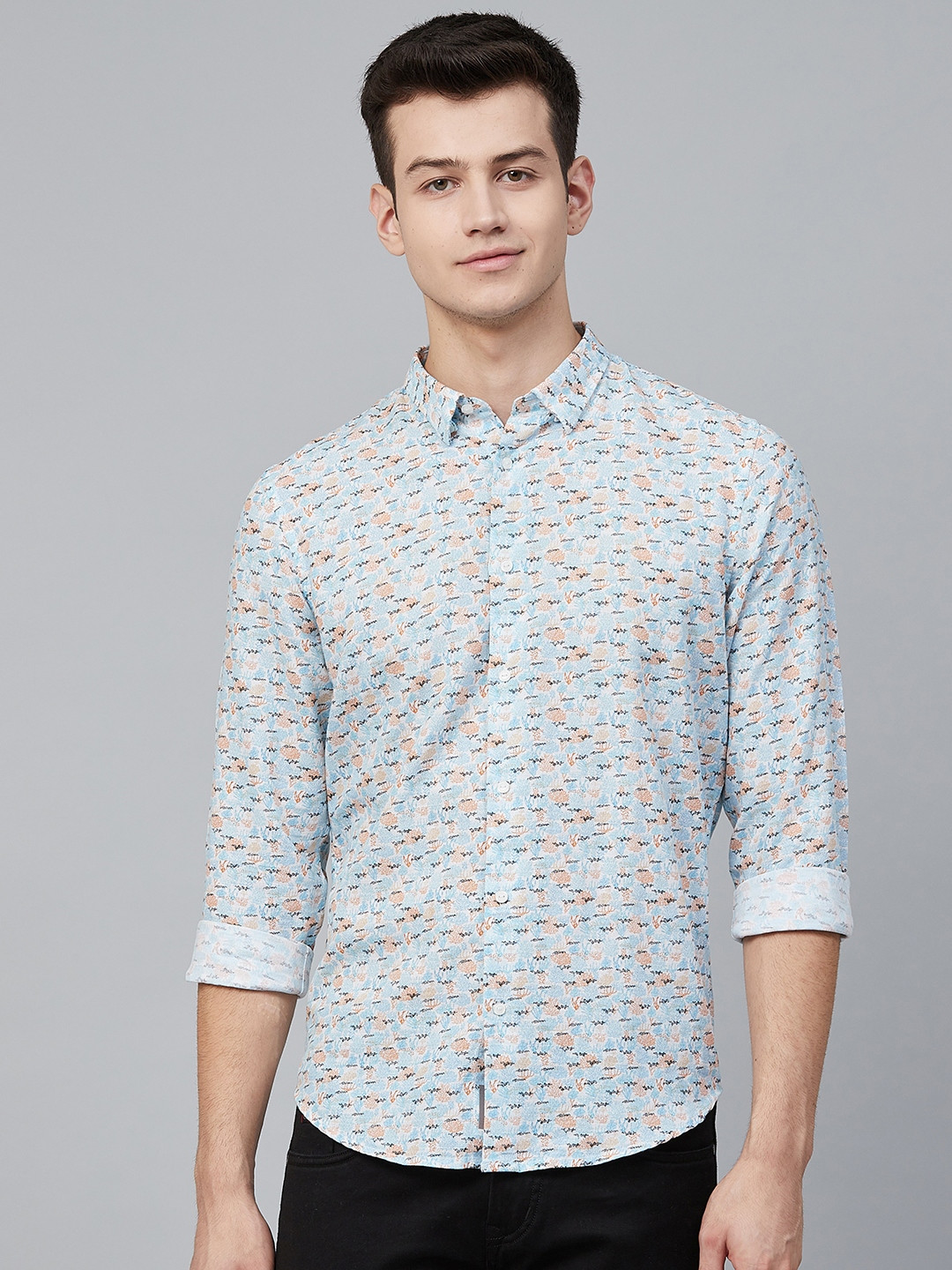 

Blackberrys Men Turquoise Blue & Brown Trim Skinny Fit Printed Casual Shirt