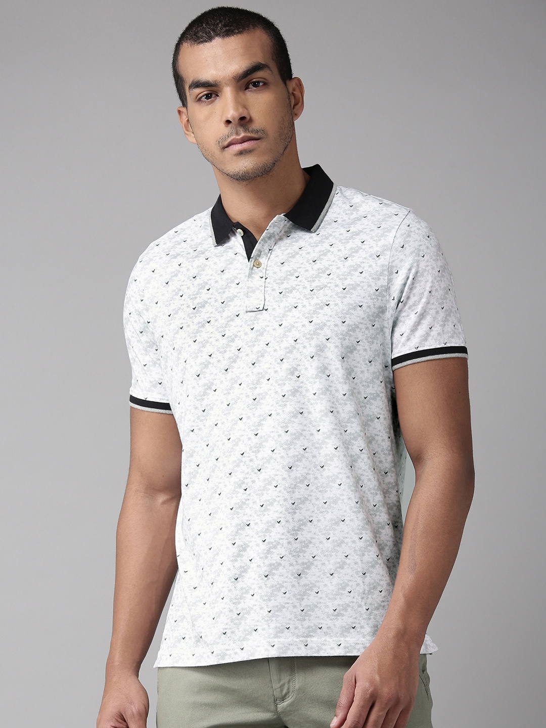 

Blackberrys Men White & Grey Printed Polo Collar T-shirt