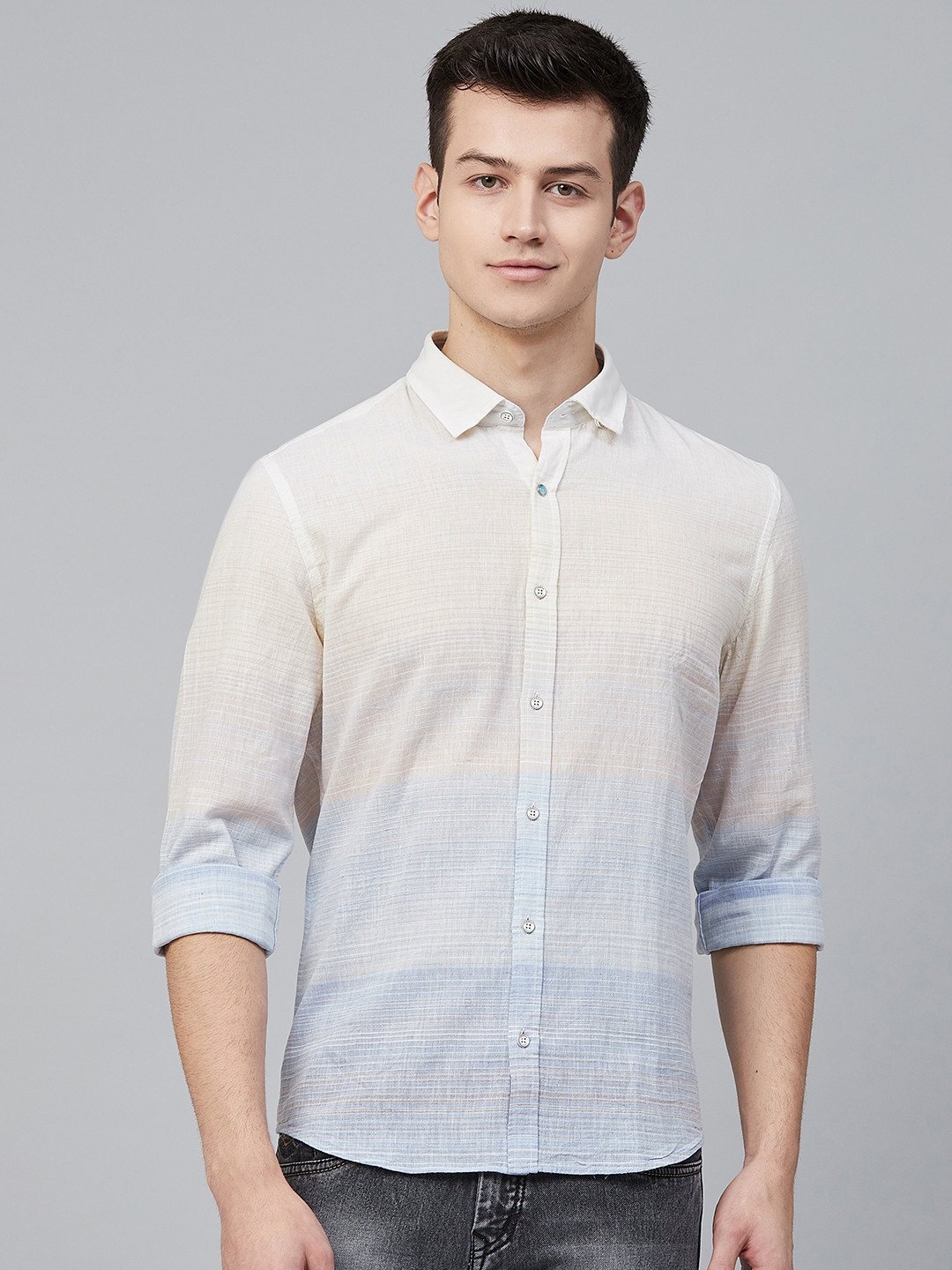 

Blackberrys Men Beige & Blue Slim Fit Striped Casual Shirt
