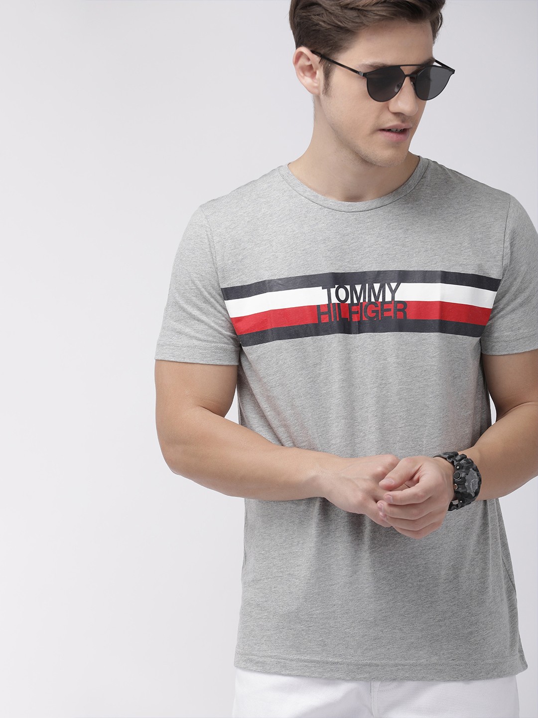 

Tommy Hilfiger Men Grey Navy Blue Striped Round Neck Pure Cotton T-shirt