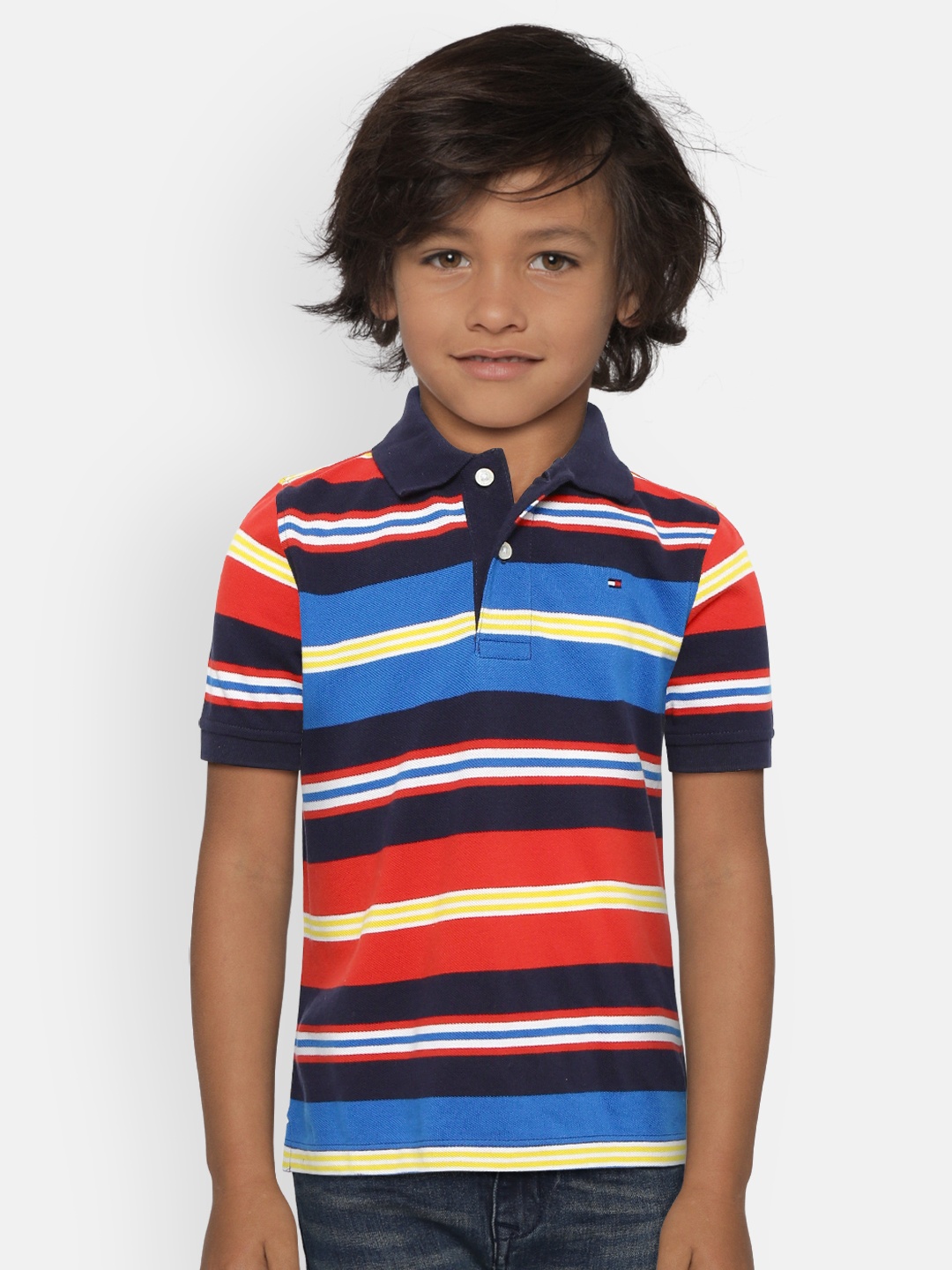 

Tommy Hilfiger Boys Blue & Red Striped Polo Collar T-shirt