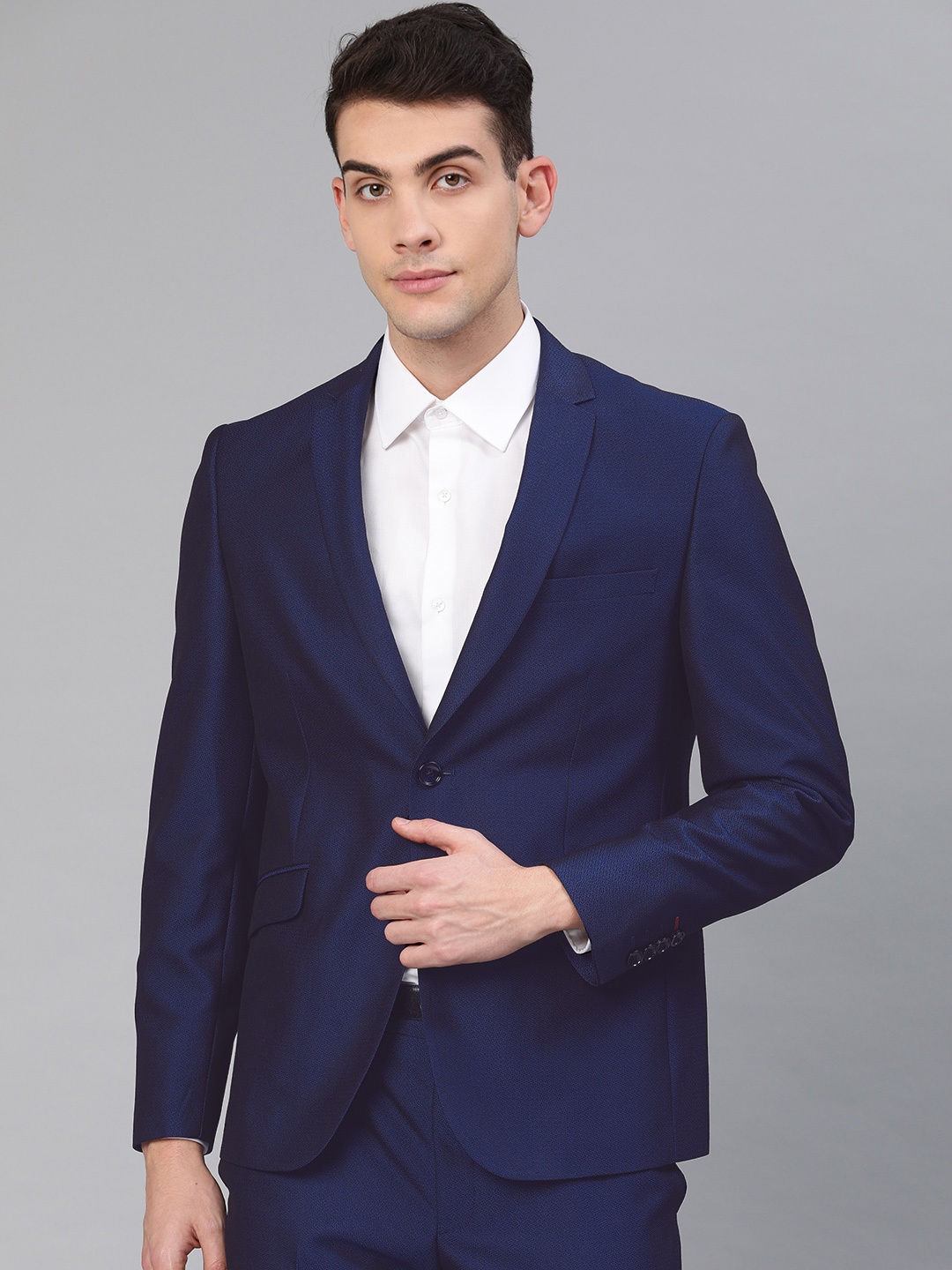 

V Dot Men Navy Blue & Black Self Design Skinny Fit Single-Breasted Formal Blazer