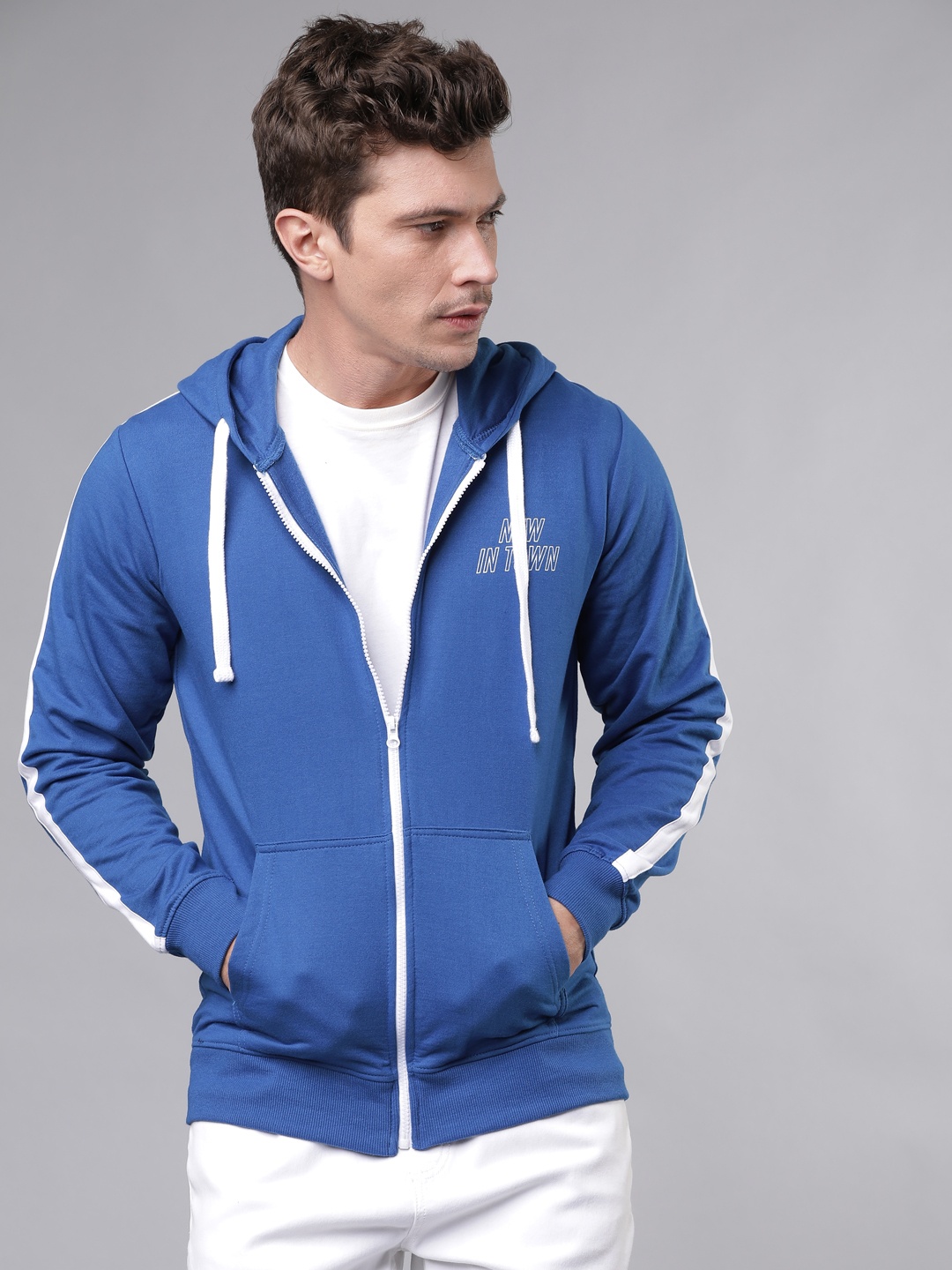 

LOCOMOTIVE Men Blue Solid Hooded Sweatshirt