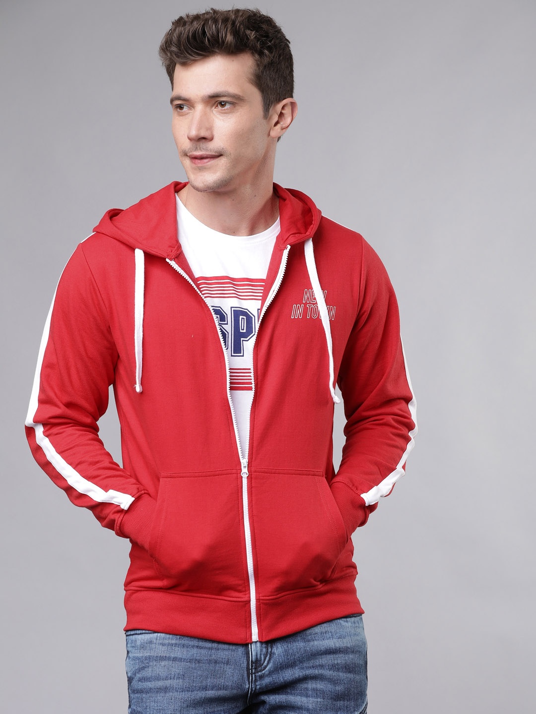

LOCOMOTIVE Men Red Solid Hooded Sweatshirt