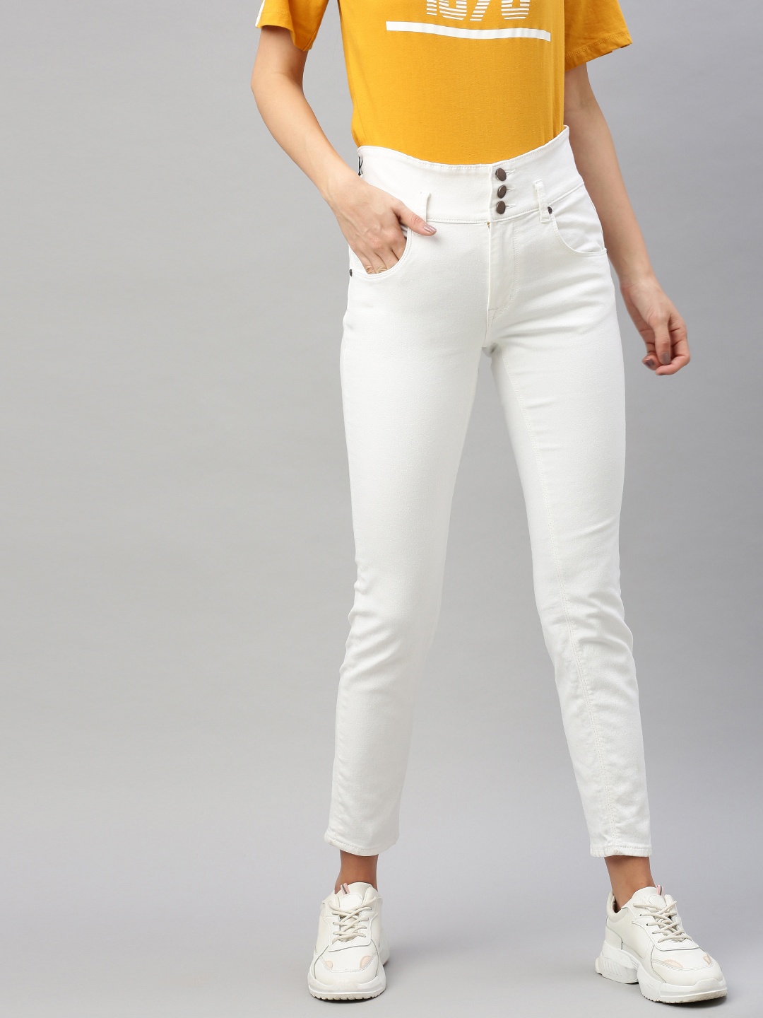 

HERE&NOW Women White Skinny Fit High-Rise Clean Look Stretchable Cropped Jeans