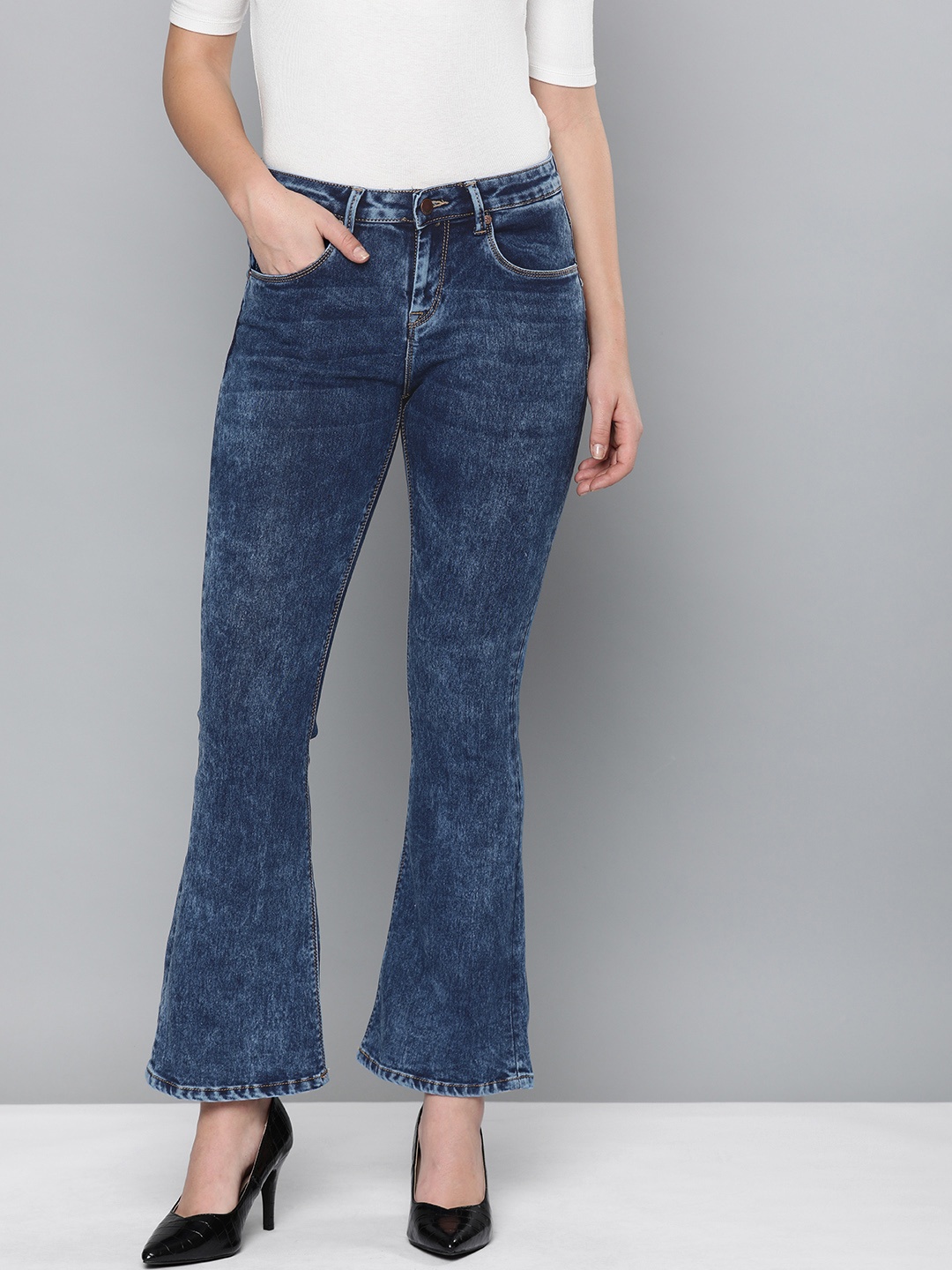 

HERE&NOW Women Blue Bootcut Mid-Rise Clean Look Stretchable Jeans