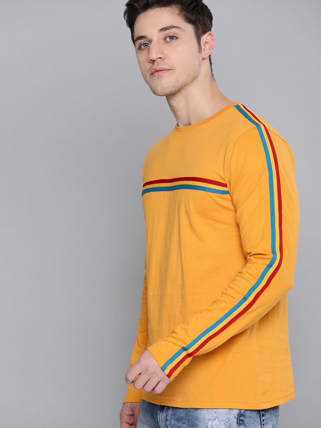

Difference of Opinion Men Mustard Yellow Striped Round Neck Pure Cotton T-shirt