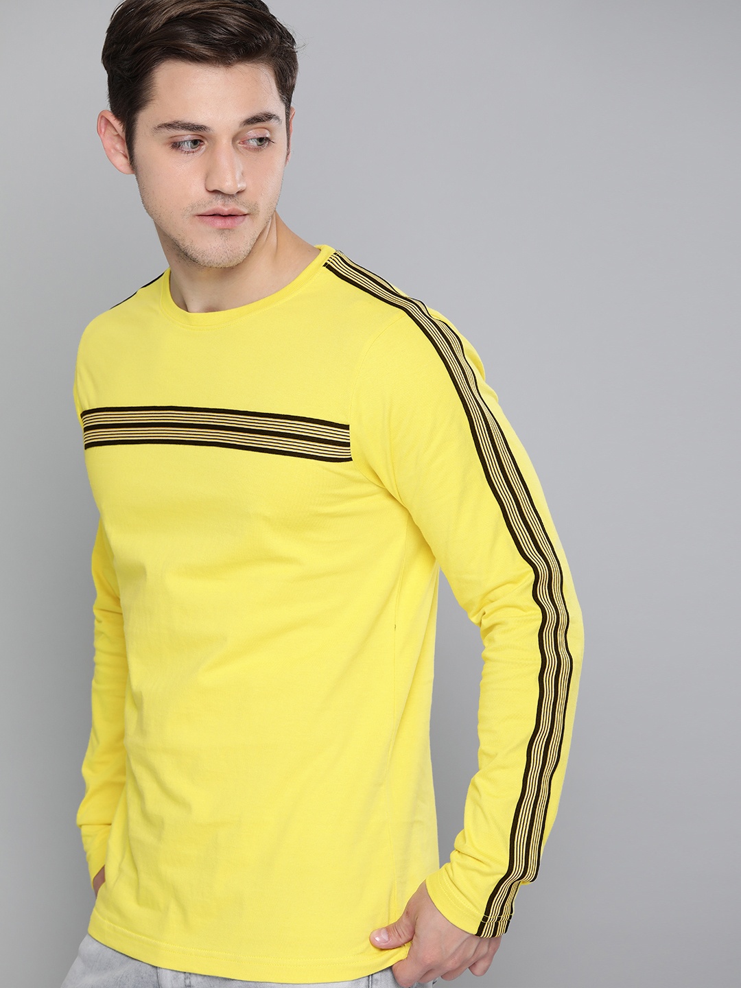 

Difference of Opinion Men Yellow Striped Round Neck Pure Cotton T-shirt