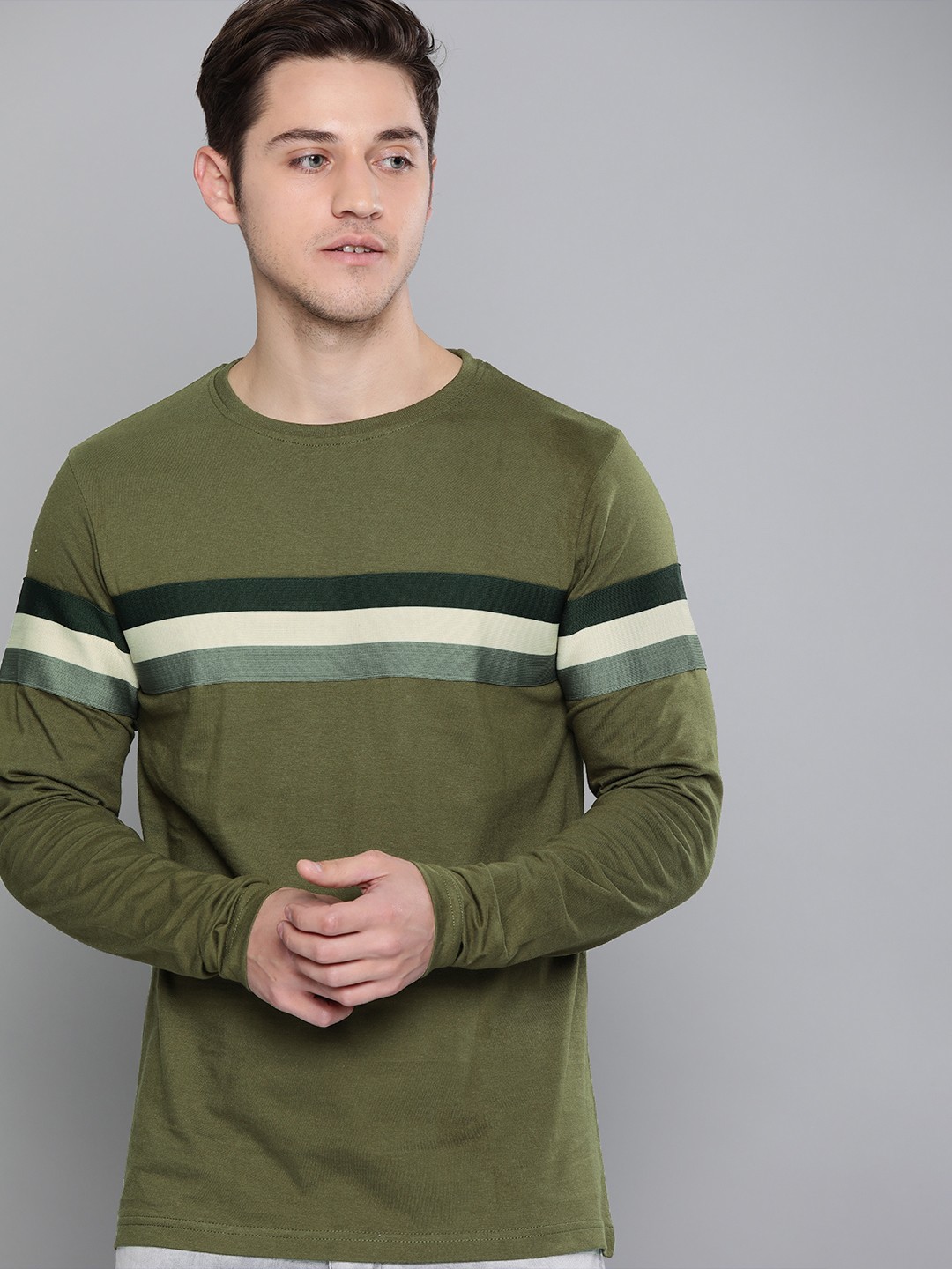 

Difference of Opinion Men Olive Green Striped Round Neck Pure Cotton T-shirt