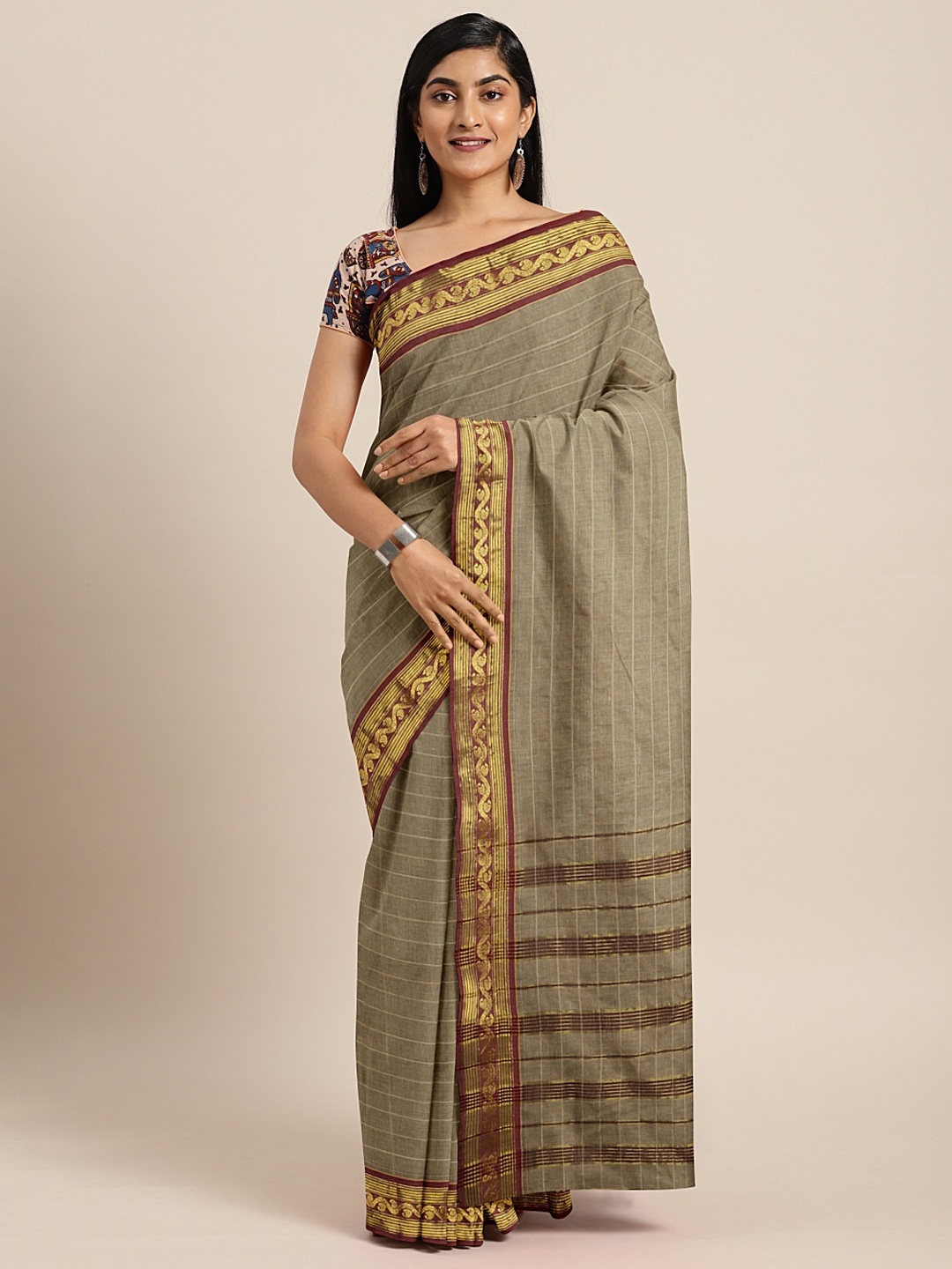 

Pavechas Beige Pure Cotton Striped Venkatgiri Saree