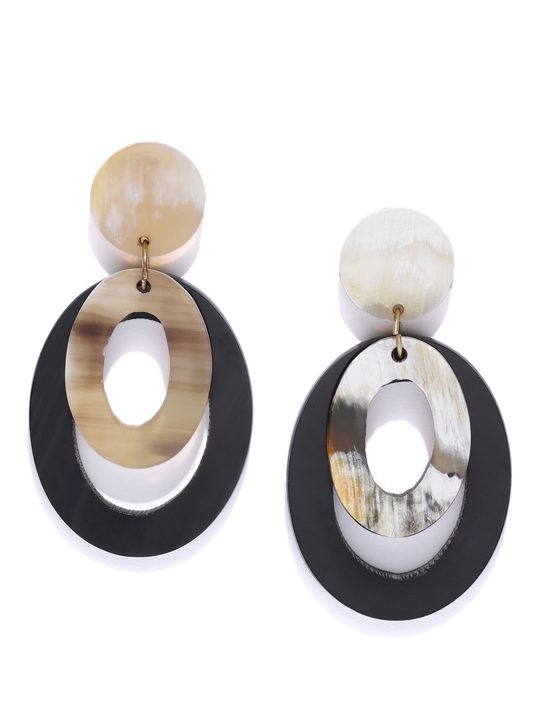 

Blueberry Black & Beige Gold-Plated Handcrafted Oval Drop Earrings