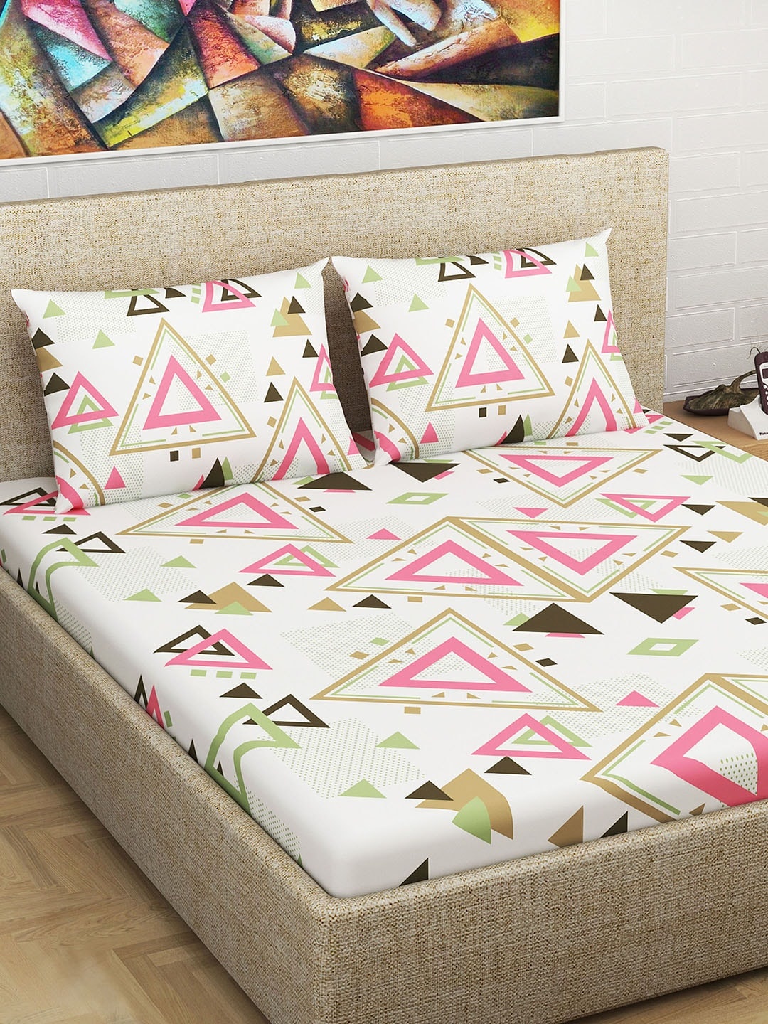 

Divine Casa White & Pink Geometric 120 TC Double Bedsheet with 2 Pillow Covers